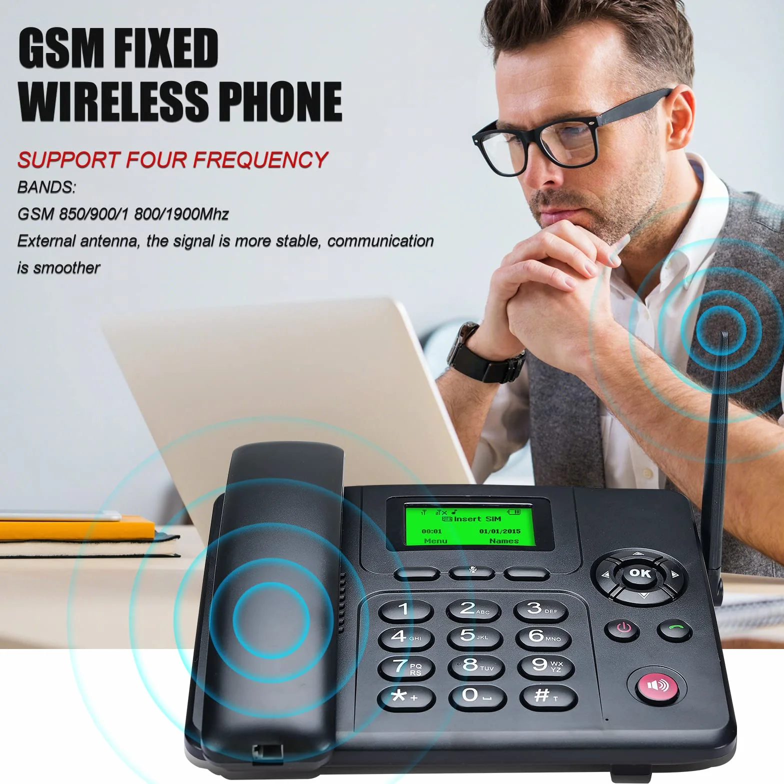 Lychee Quadband GSM telefon stołowy – Dual-SIM, obsługa wielu języków (w tym niemiecki), duży wyświetlacz z podświetleniem, funkcja radia
