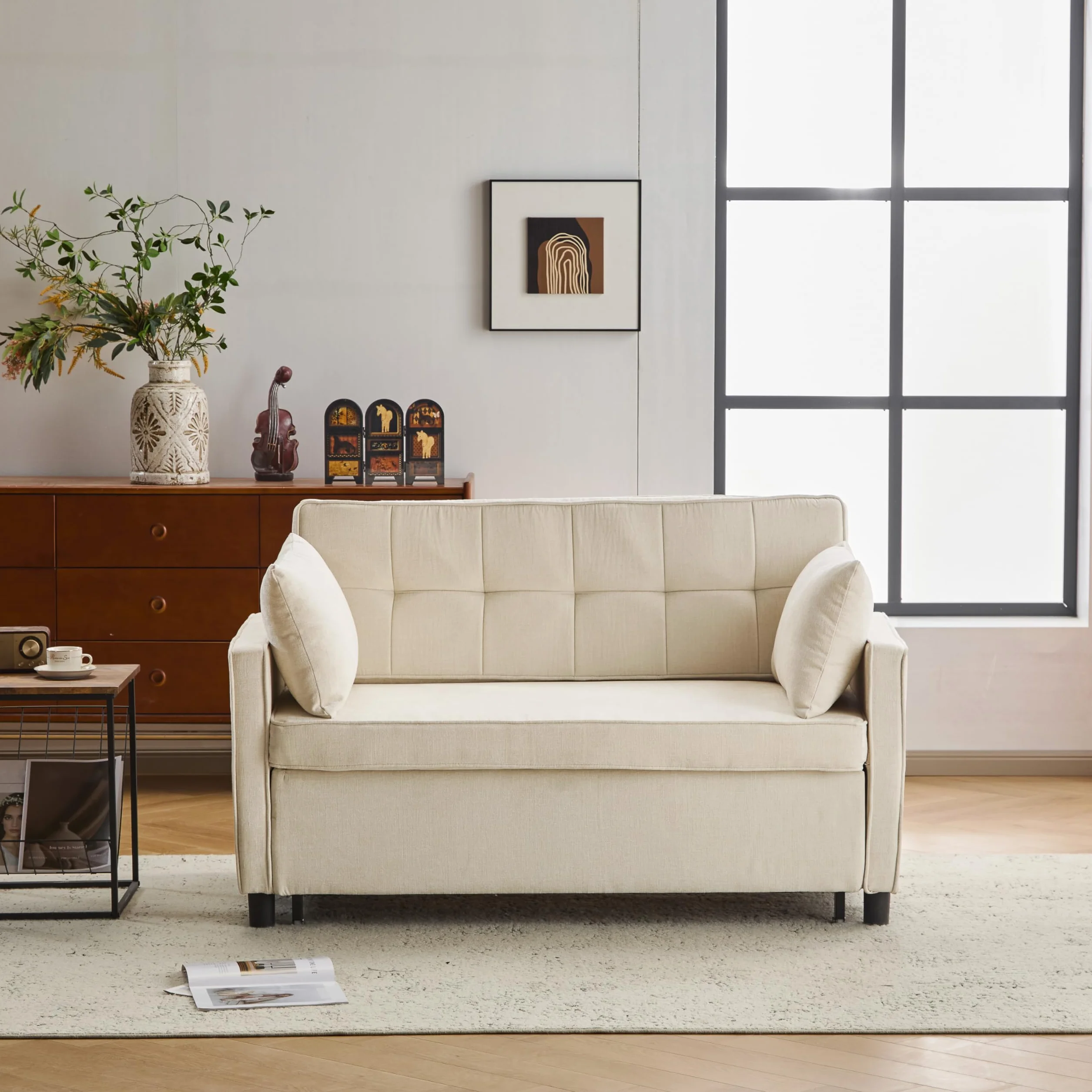 Sofa z funkcją spania 3 w 1 142x79x85 cm beżowa 2-osobowa z regulowanym oparciem