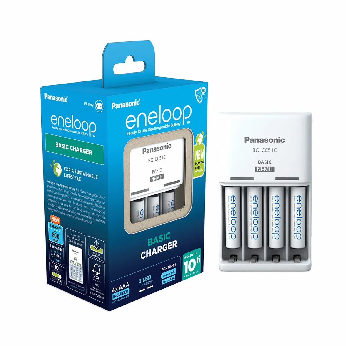 Panasonic eneloop BQ-CC51Cic eneloop Basic do 2 lub 4 akumulatorów AA/AAA Ni-MH z 2 wskaźnikami LED i 6 funkcjami bezpieczeństwa, w zestawie z 4 akumulatorami eneloop AAA/Micro, min. 800 mAh