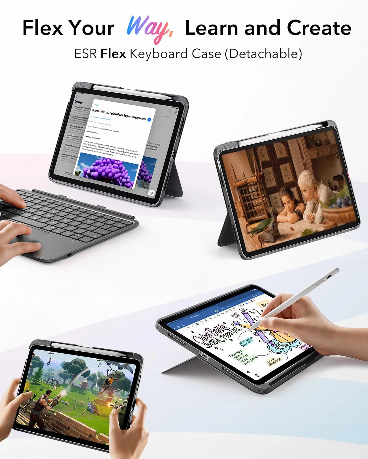 ESR Etui Flex na iPad 11 (A16) 2025/10 generacji z klawiaturą, ultralekka, magnetyczna zdejmowana klawiatura do iPada 10,9" z trybami pisania i przeglądania, duży, precyzyjny gładzik, ciemnoszary