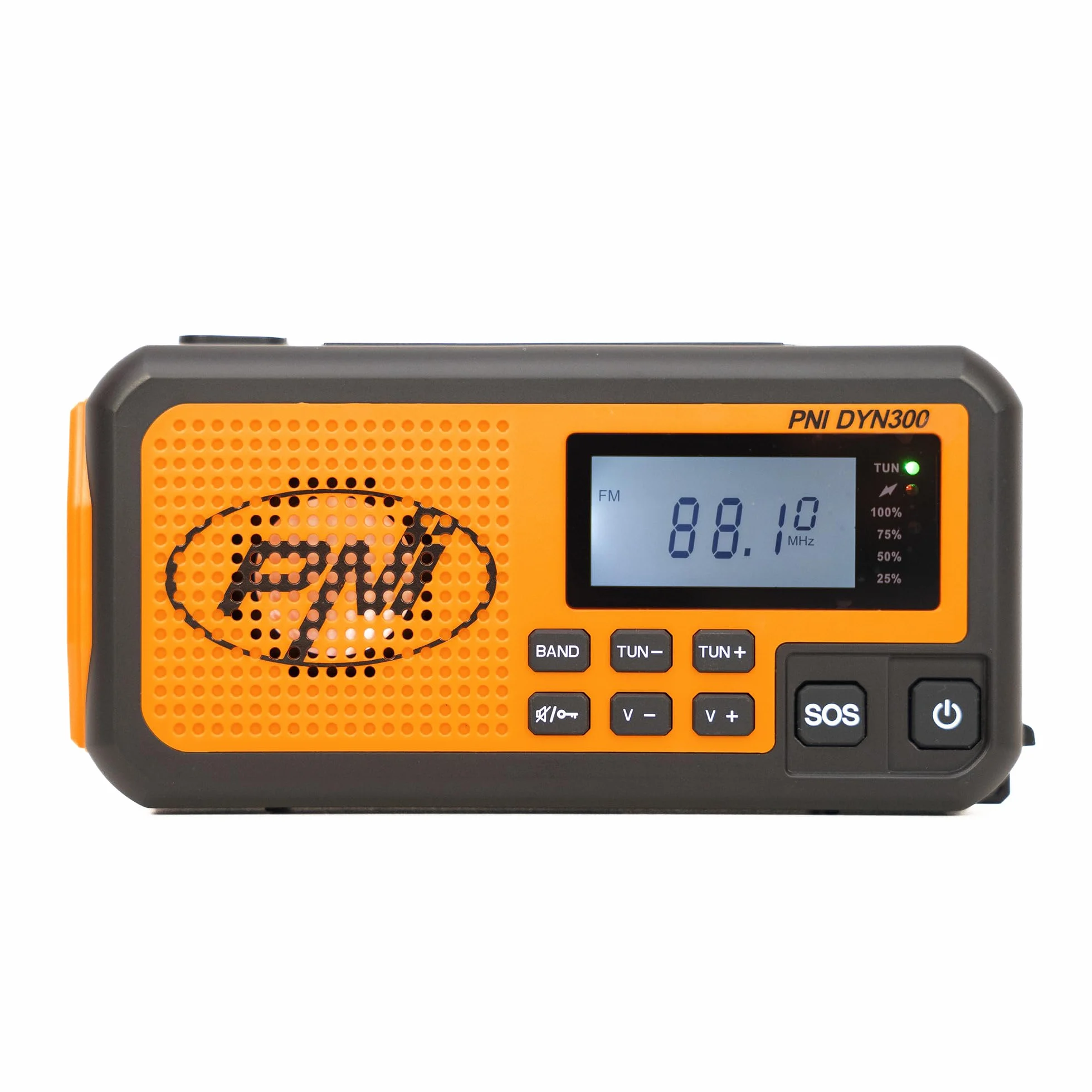 PNI DYN300 przenośne radio z dynamo, ładowanie słoneczne, latarka, power bank 4000 mAh, SOS, IPX3, pomarańczowe