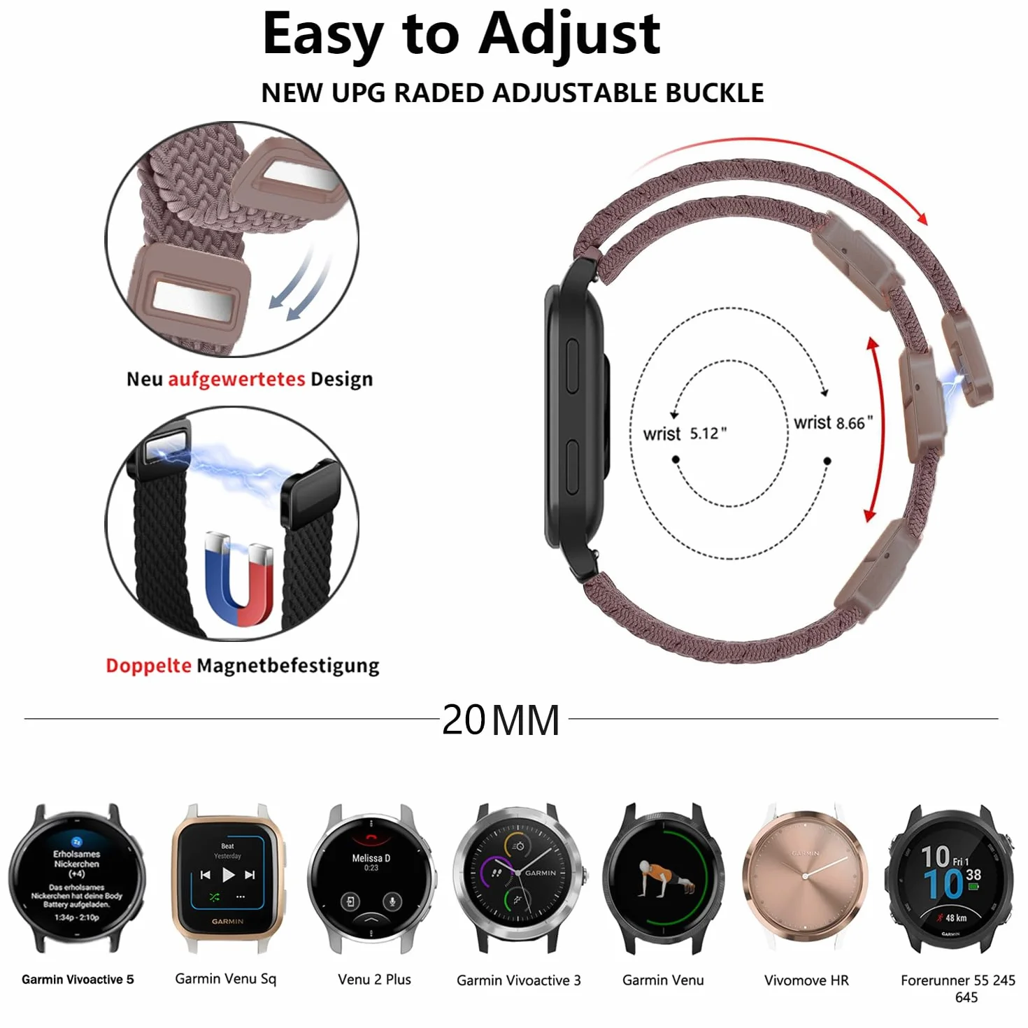 Issinlky Nylonowa opaska do Garmin Venu Sq/Sq Music/Venu Sq 2/Sq 2 Music, 20 mm elastyczny pasek do Garmin Venu 2 Plus/Vivoactive 3/Vivoactive 5/Garmin Venu/Vivomove HR/Forerunner 55 245 645
