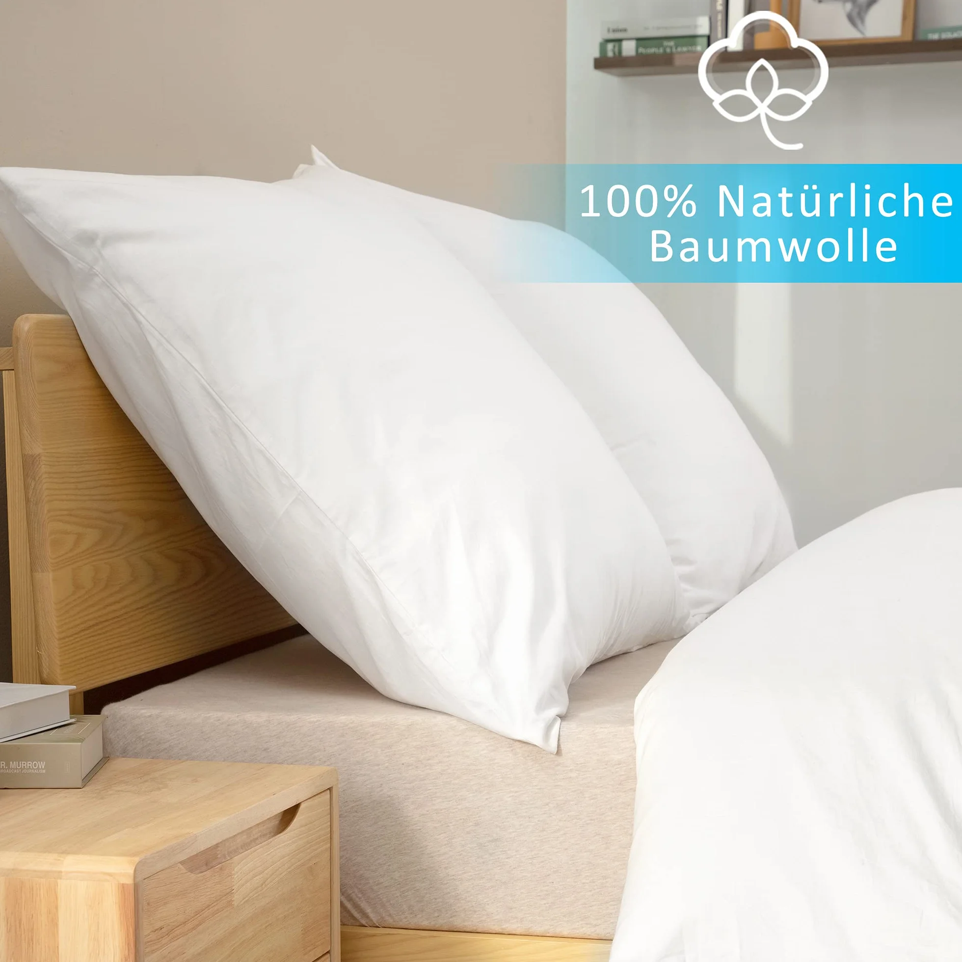 ATsense Zestaw 2 poszewek na poduszkę 40 x 40 cm – 100% bawełna, białe, miękkie i hipoalergiczne, certyfikat ÖkoTex, poszewka na poduszkę z zamkiem błyskawicznym, nadaje się dla alergików