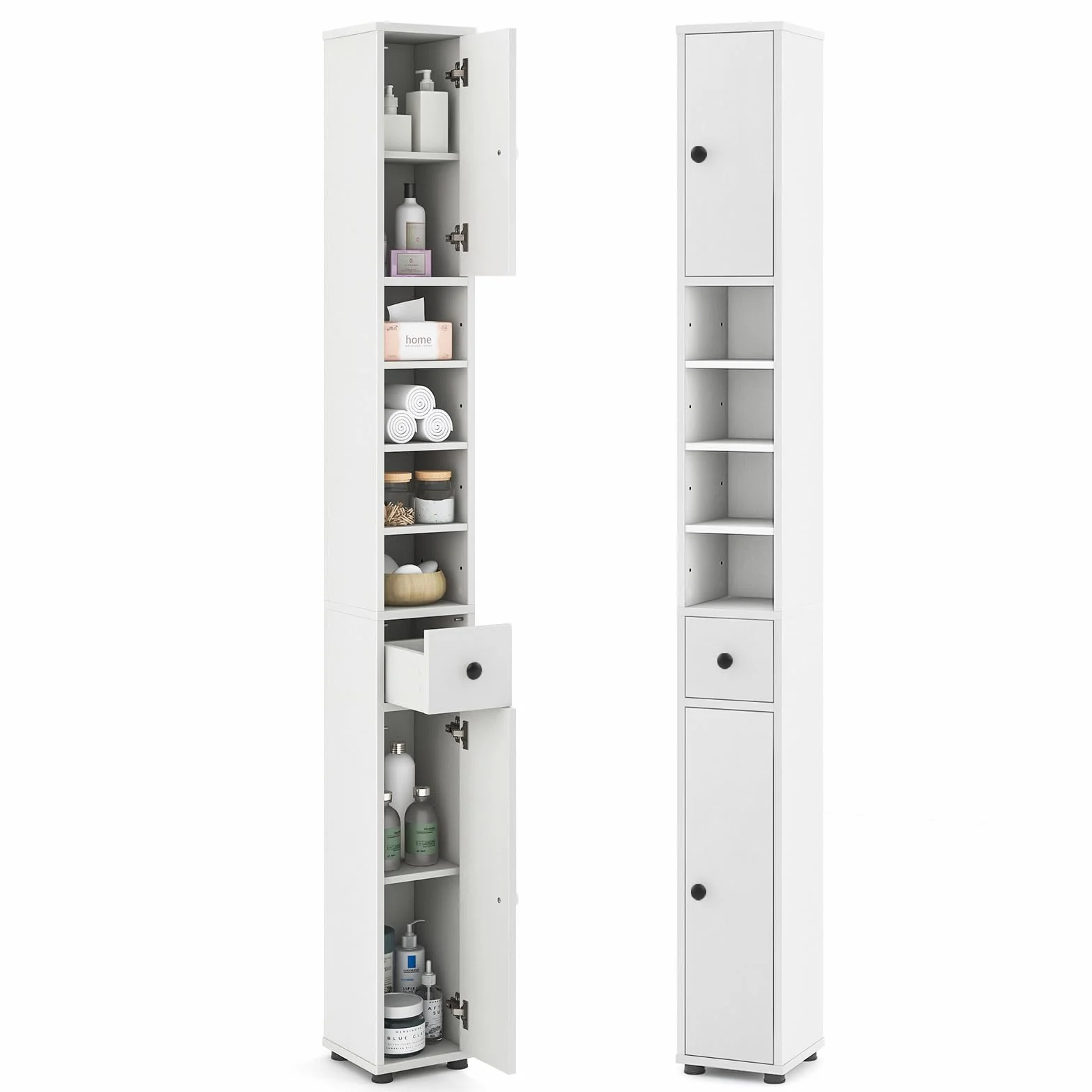 GIANTEX Wąska szafka łazienkowa wysoka 20x20x180 cm biała z szufladą 2 drzwi 4 półki