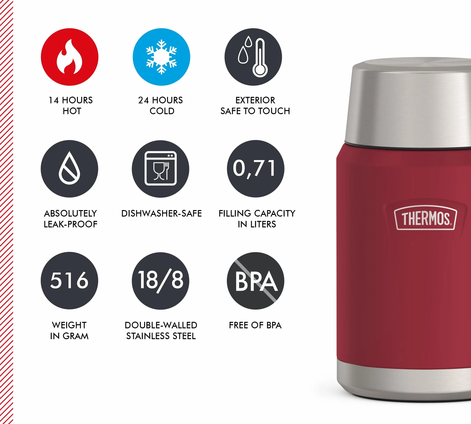 Thermos ICON Food Jar 0,71 l, czerwony/jagodowy mat, naczynie na jedzenie 710 ml, podwójne ścianki ze stali nierdzewnej 18/8, utrzymuje ciepło i zimno, ze składaną łyżką, antypoślizgowe dno,