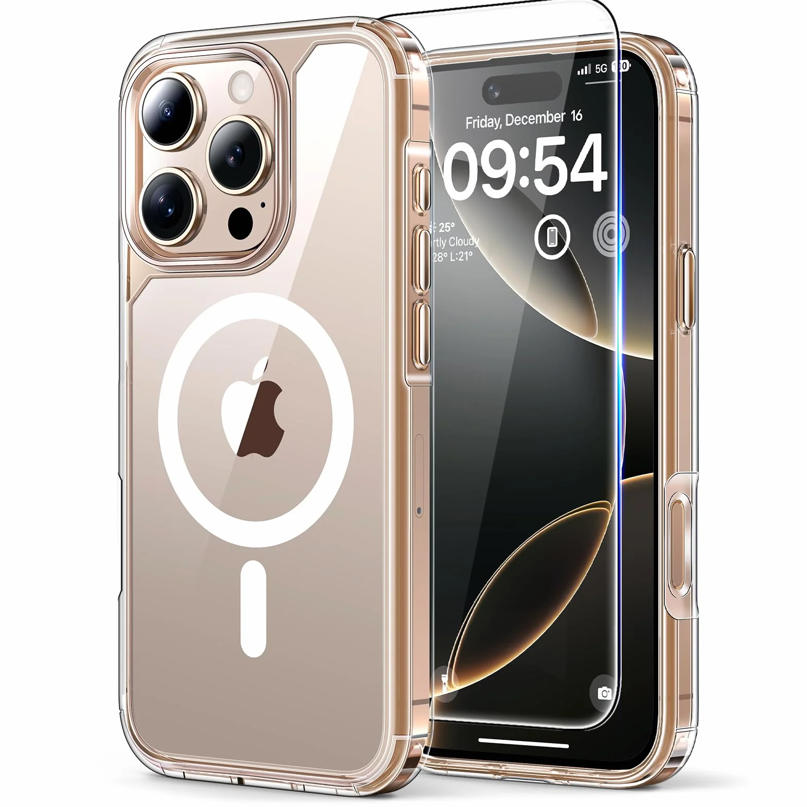 TAURI do iPhone 16 Pro Etui 6.3" z Szkło Hartowane Ochraniacz Ekranu, Kompatybilny z magnetyczne, Nieżółknącą Odporny na Magnetyczna Obudowy - Przejrzysty