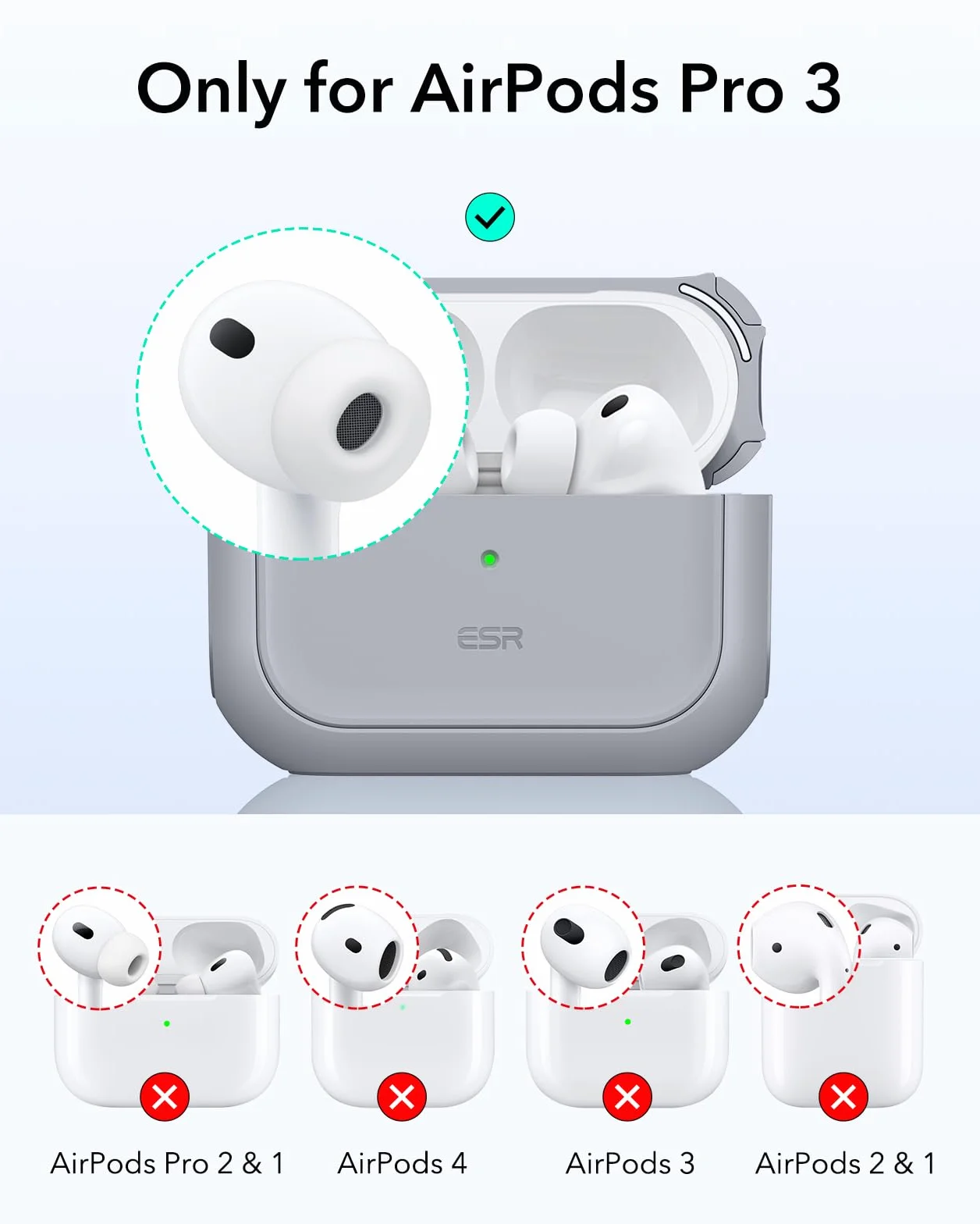 ESR Etui do AirPods Pro 3, kompatybilne z AirPods Pro 3. generacji (2025), kompatybilne z MagSafe, etui z pełną ochroną z rzepem, szare