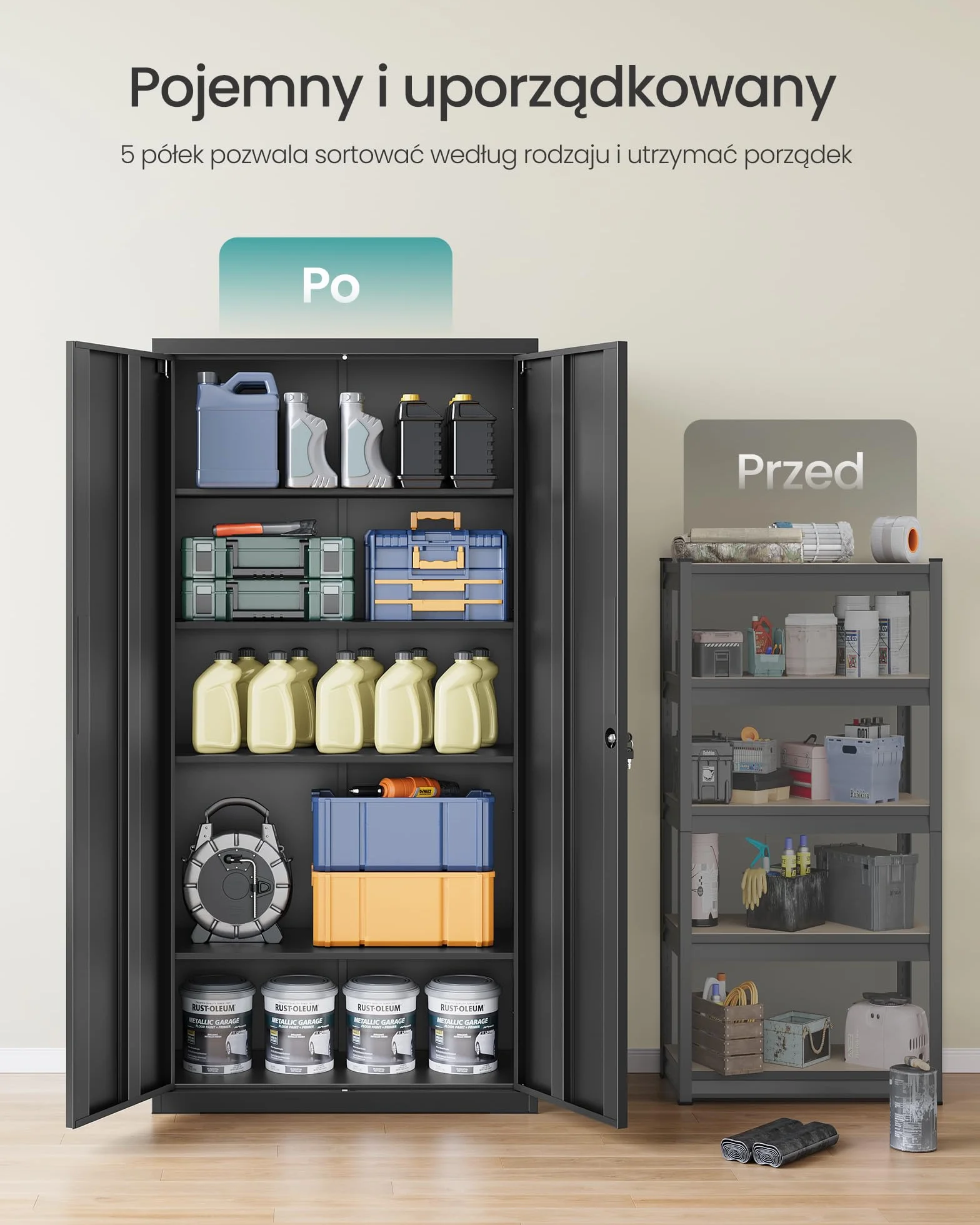 SONGMICS 5-półkowa szafa garażowa z 2 drzwiami, szafa biurowa, 40 x 80 x 180 cm, 1 zamek, regulowane półki, metalowa szafka, matowa czerń OMC015B01