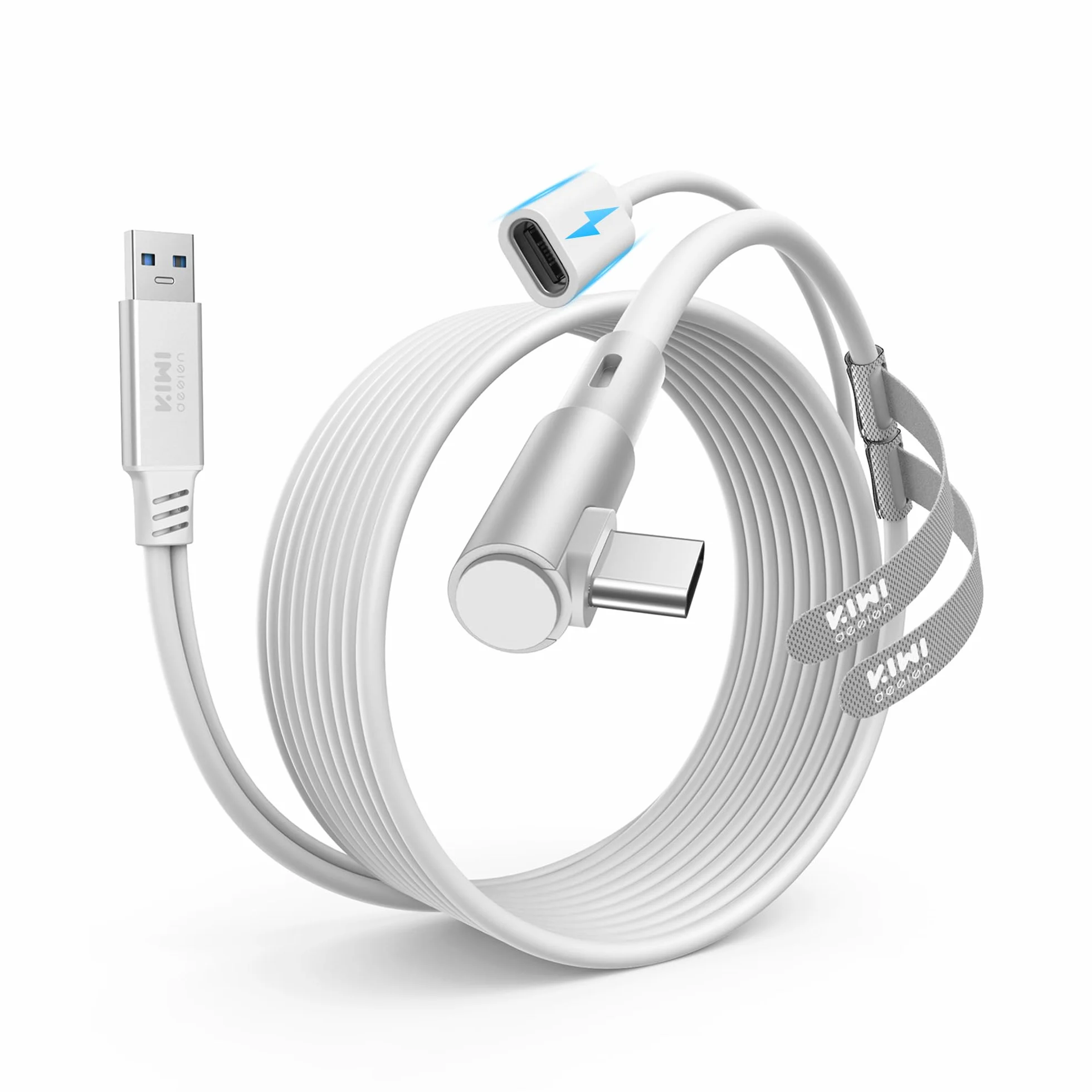 KIWI design Kabel łączący z ładowaniem 5M, kompatybilny z akcesoriami Meta Quest 3s/3/2/Pro/Pico 4 i PC/SteamVR kabel łączący USB 3.0 do USB C z superprędkością 5 Gb/s do rozszerzonej rozgrywki biały