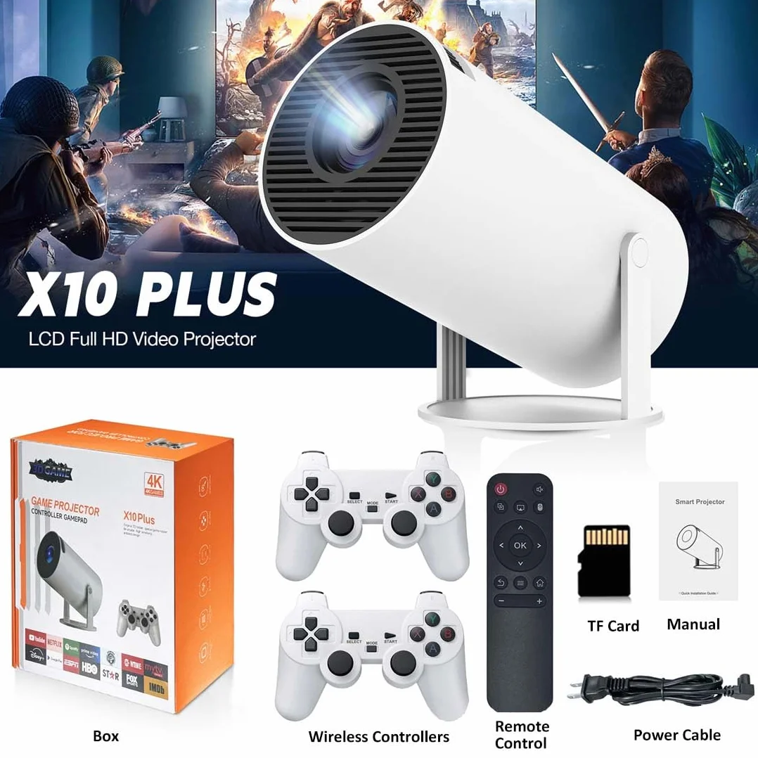 X10 Plus retro konsola do gier z projektorem, projektor do gier 4K retro z 2 kontrolerami bezprzewodowymi, wyjście HDMI, WiFi