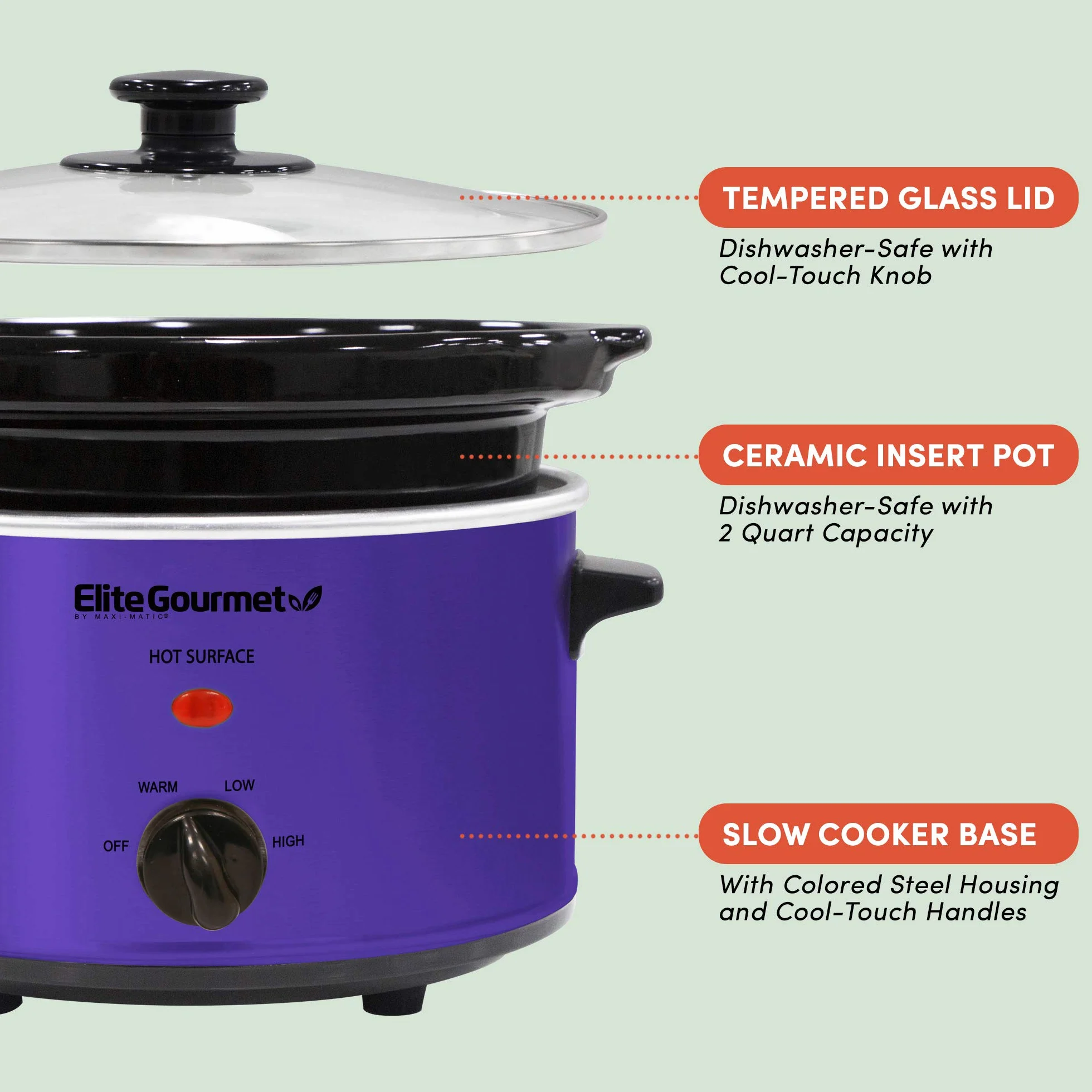 Elite Gourmet MST-275XP Wolnowar Elektryczny 2,27 l Regulowana Temperatura Szklana Pokrywka Fioletowy