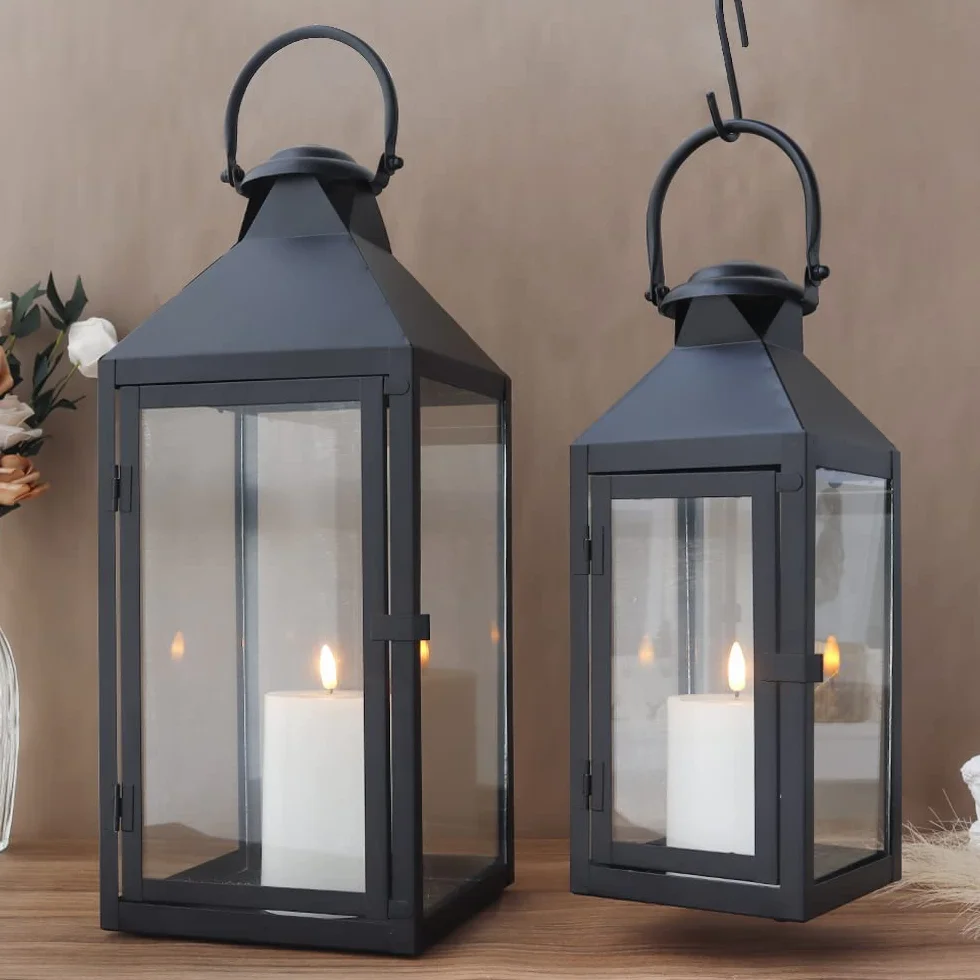 JHY DESIGN Zestaw 2 Latarni Dekoracyjnych, 44,5 cm & 24 cm Wysokości, Latarni na Zewnątrz, Czarnych, Świeca Duża, Wisząca Latarnia do Wnętrz, Imprez, Wesel, Vintage Style (Czarny)