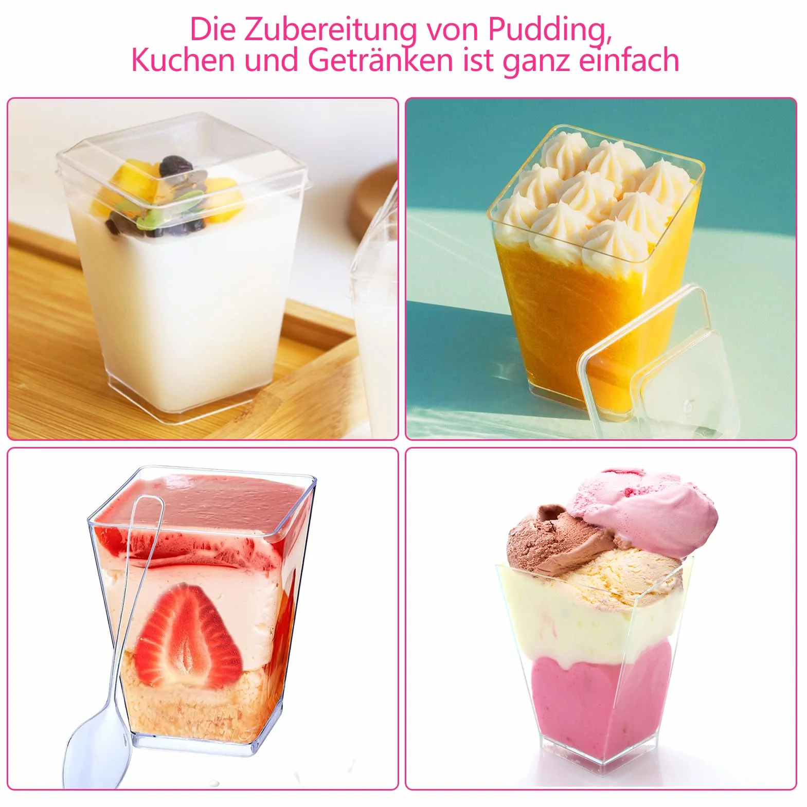 Plastikowe kubki deserowe 160 ml kwadratowe wielokrotnego użytku 40 sztuk z łyżeczkami i pokrywką