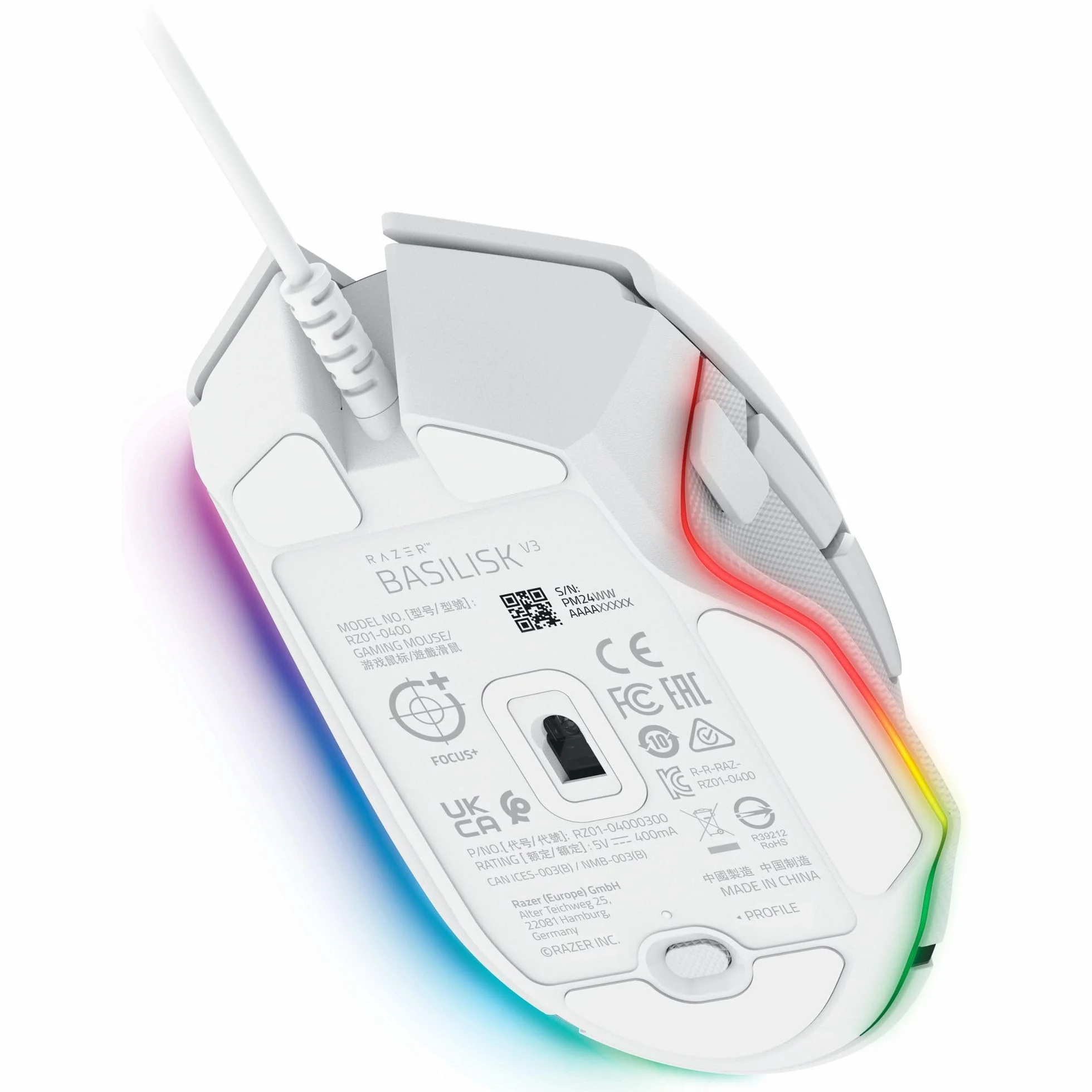 Razer Basilisk V3 - Zestaw kabli do gier Gaming Maus - ergonomia Design - Chroma RGB - 11 programowalnych smaków - obsługa HyperScroll - PC/Mac | Biały