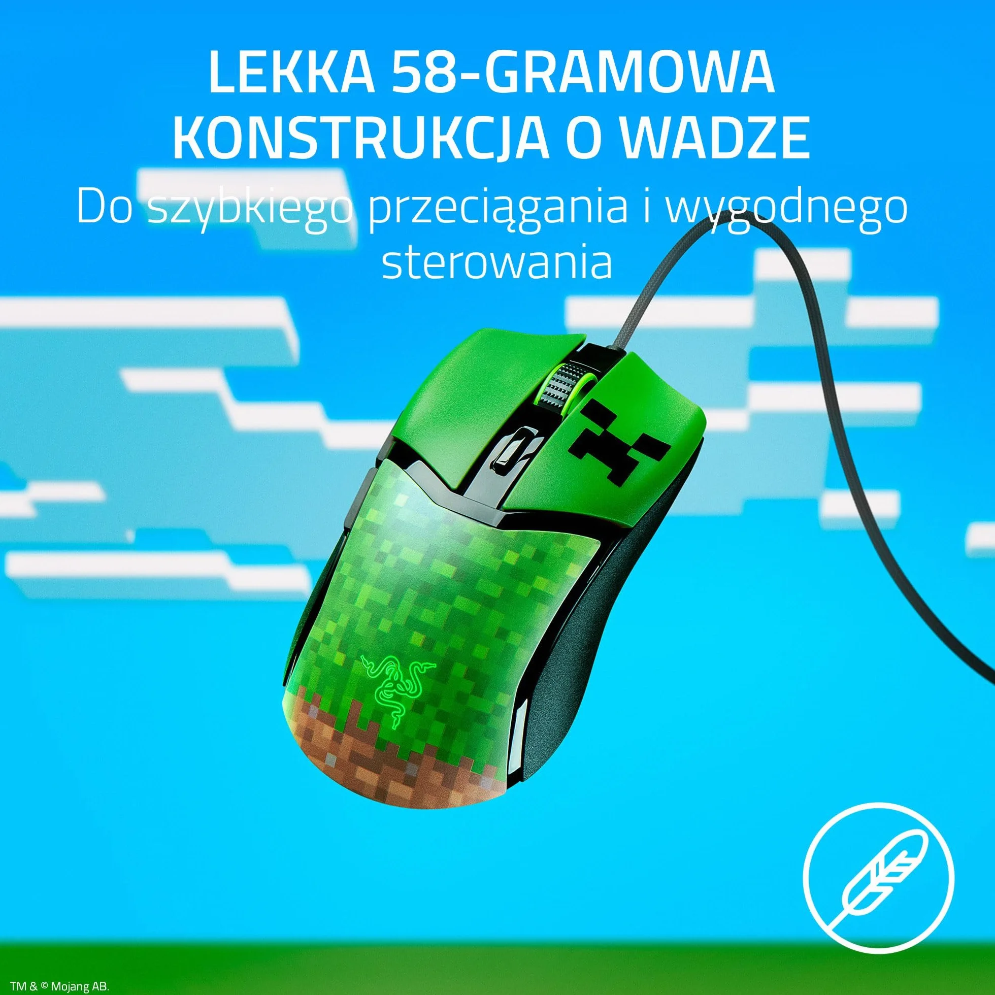 Razer Cobra Minecraft Edition lekka przewodowa mysz do gier 8500 DPI 58 g optyczne przełączniki 3. generacji podświetlenie Chroma kabel Speedflex