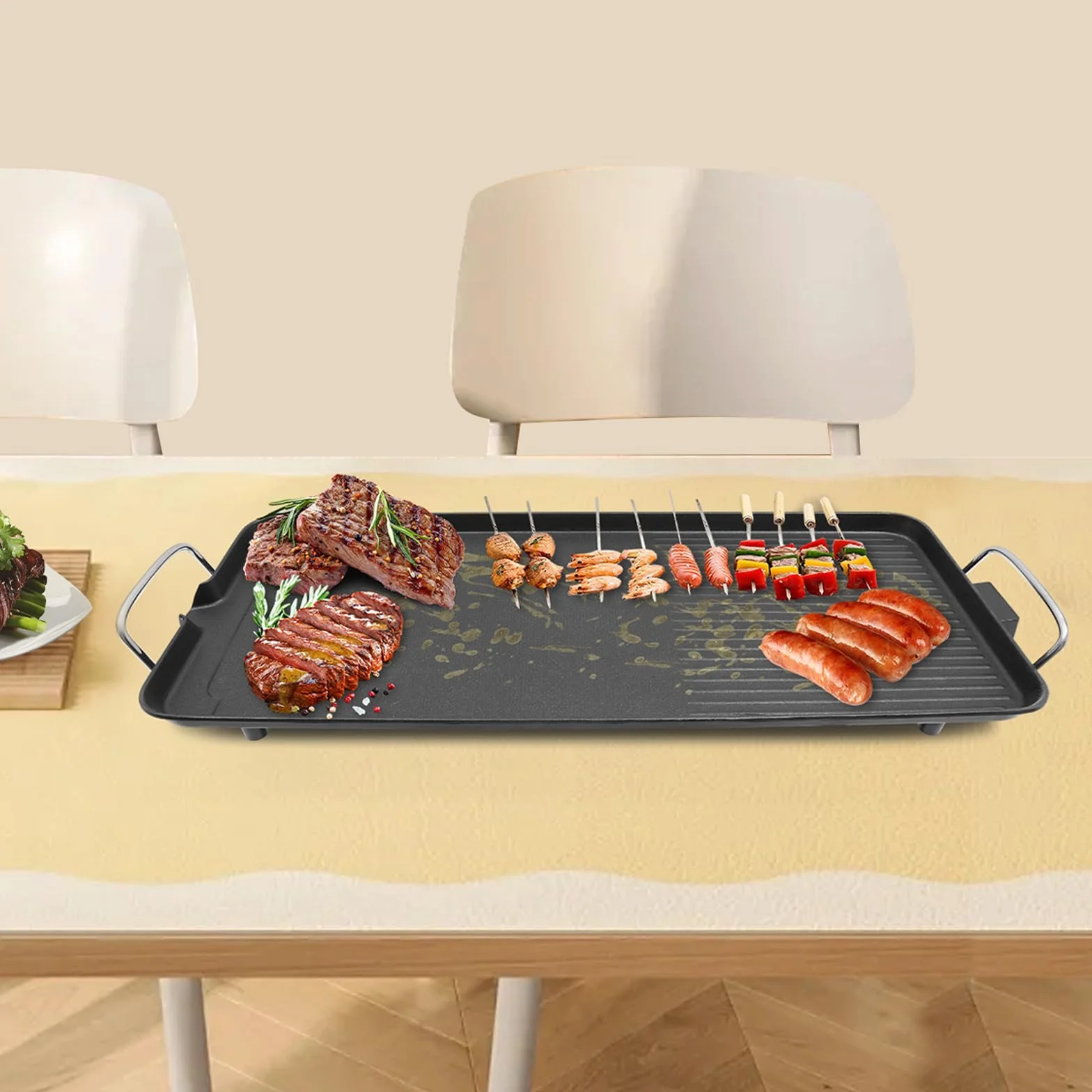 Grill elektryczny o mocy 1500 W, żeliwna płyta grillowa 68 x 28 x 7 cm, płaska patelnia grillowa z powłoką zapobiegającą przywieraniu, nadaje się do użytku na zewnątrz, do ogrodu, na piknik i kemping