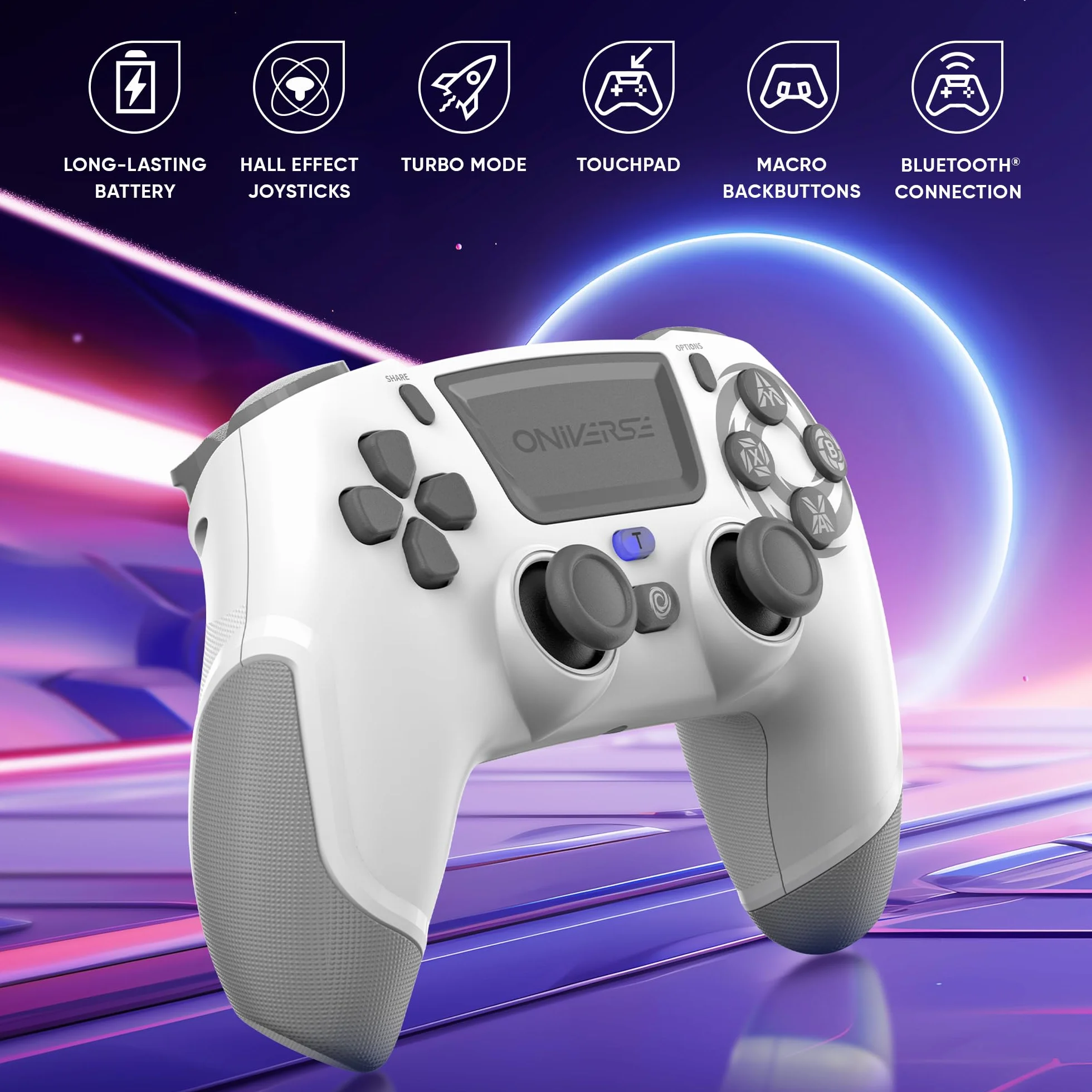 Oniverse Bezprzewodowy kontroler do PS4 PS3 PC Android iOS, joystick z efektem hali, akumulator 1000 mAh, Revolt White