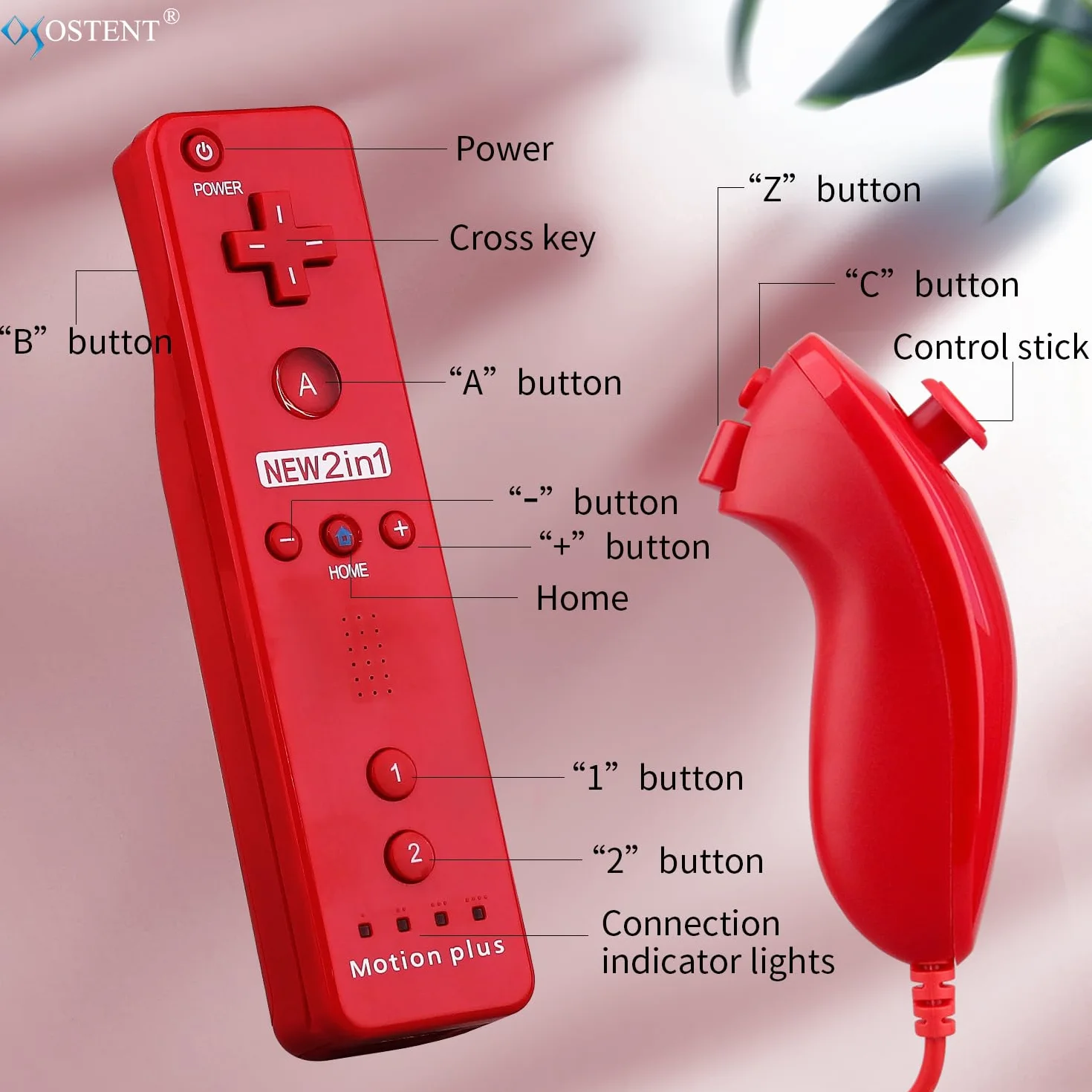 OSTENT Pilot zdalnego sterowania 2 w 1 Motion Plus + Nunchuk do Nintendo Wii, czerwony