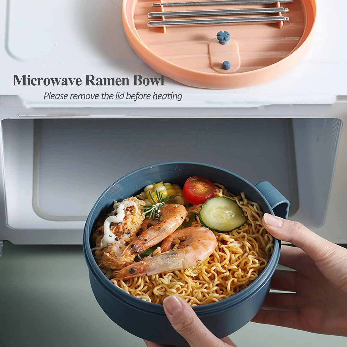 Miska na ramen do mikrofalówki, duża miska na makaron z pokrywką i pałeczkami, przenośna miska na zupę, miska do gotowania do domu, biura, akademika, nie zawiera BPA (różowa i niebieska)