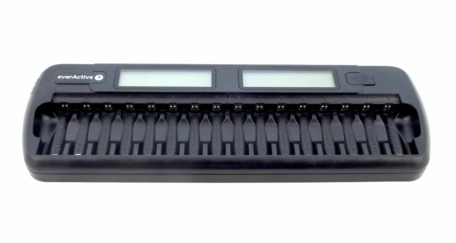 everActive Ładowarka do 16 akumulatorów AAA AA, szybkie ładowanie – 4 godziny zestaw akumulatorów, wyświetlacz LCD, tryb odświeżania, adapter samochodowy, model: NC-1600