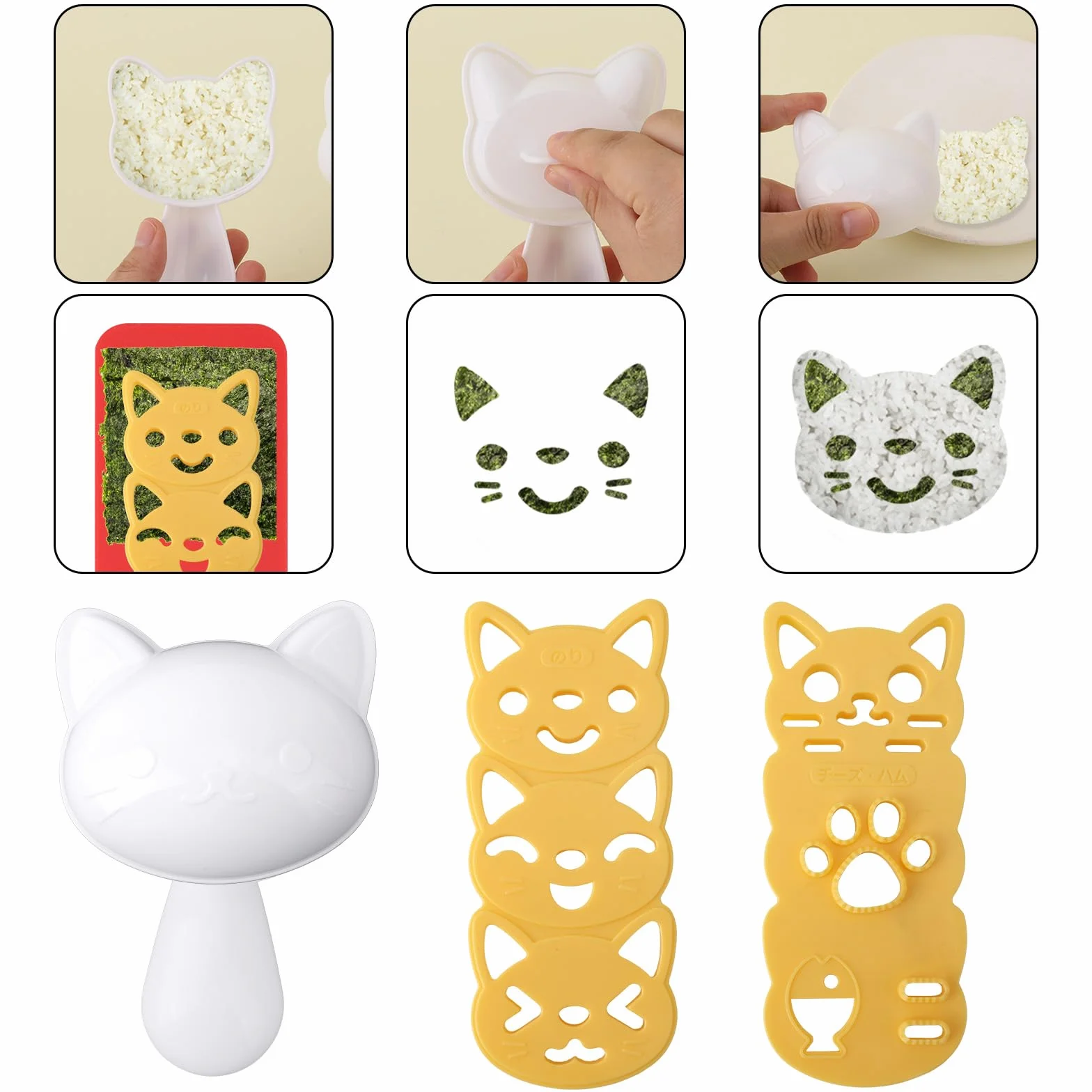 Zestaw 7 Foremek do Ryżowych Kulek w Kształcie Kota i Trójkąta z Gumową Podkładką Narzędzia Sushi DIY