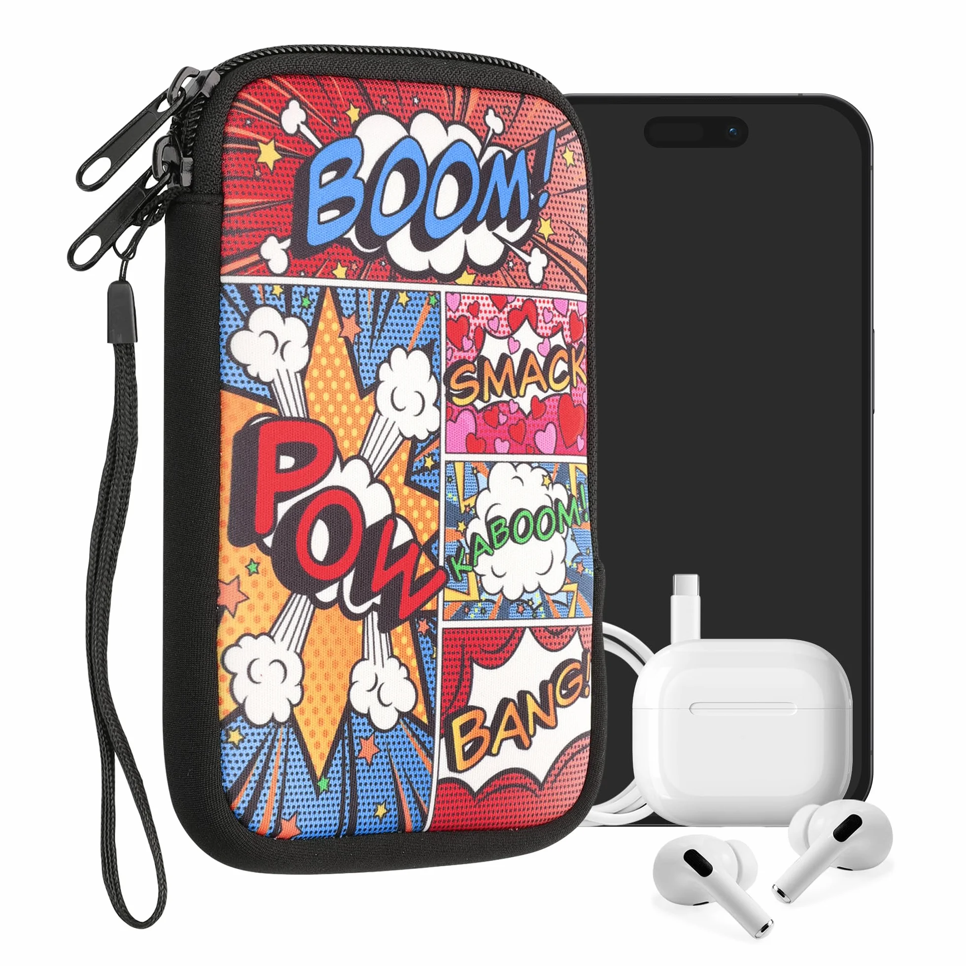 kwmobile Neoprenowy rękaw na smartfon rozmiar L - 16.5 cm - etui amortyzujące wstrząsy - ochronna torba na telefon - symbole komiksów wielokolorowe