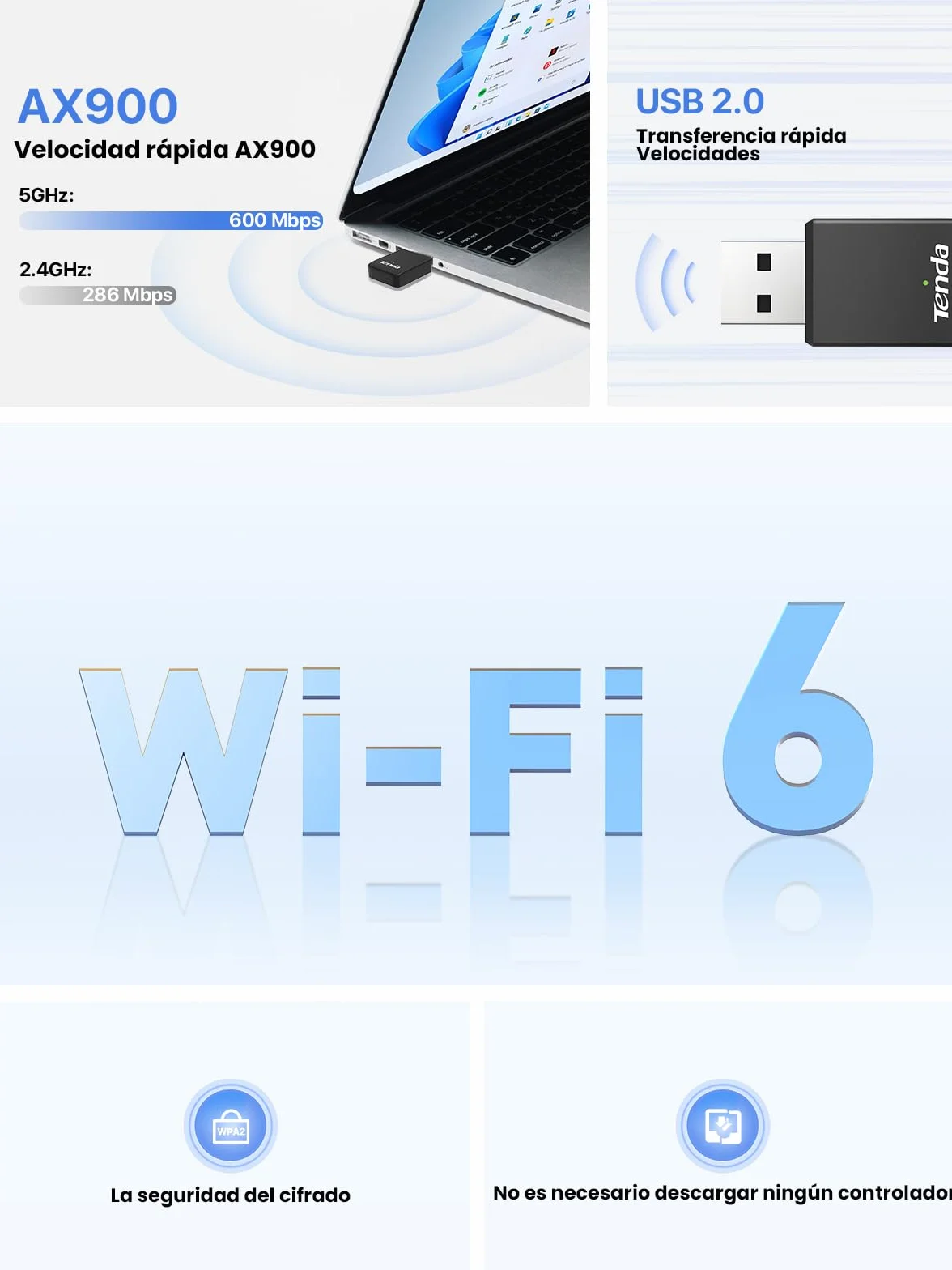 Tenda AX900 Wi-FI 6 Dongle Wi-FI - Dwuzakresowy bezprzewodowy adapter USB do PC/biura/laptopa - mały rozmiar - Plug & Play - USB2.0 - miękki tryb AP-obsługuje Windows 7/10/11/Linux 3.10+/UOS(U11)
