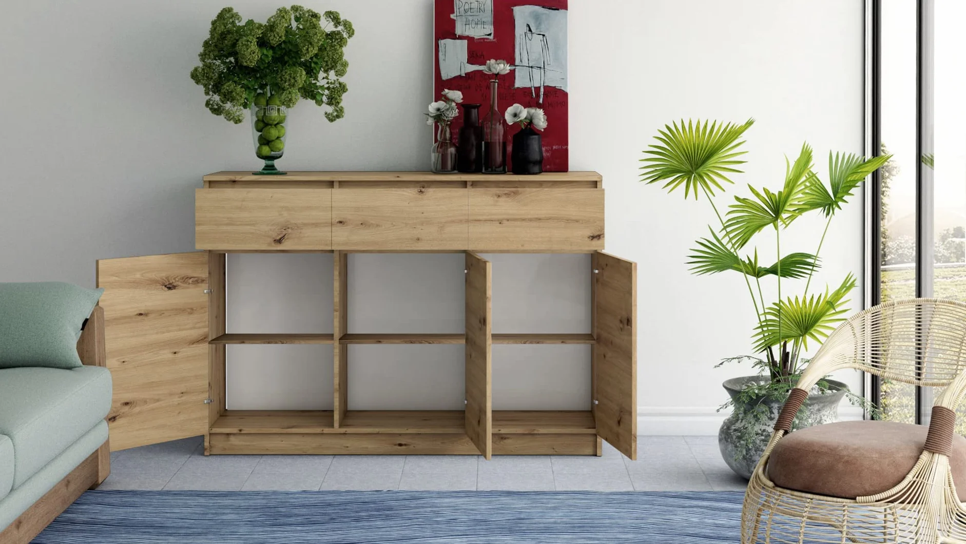 CDF Nowoczesna komoda 3D3S (3 pary drzwi, 3 szuflady) | Kolor: dąb artisan | Szafka na dokumenty, drobiazgi | Idealna do salonu, sypialni, pokoju dziecka, nastolatka oraz do biura | Półki