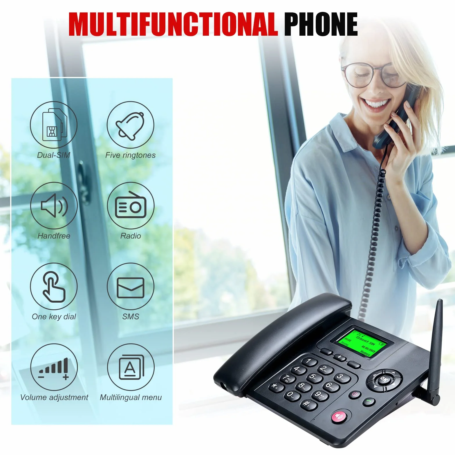 Lychee Quadband GSM telefon stołowy – Dual-SIM, obsługa wielu języków (w tym niemiecki), duży wyświetlacz z podświetleniem, funkcja radia