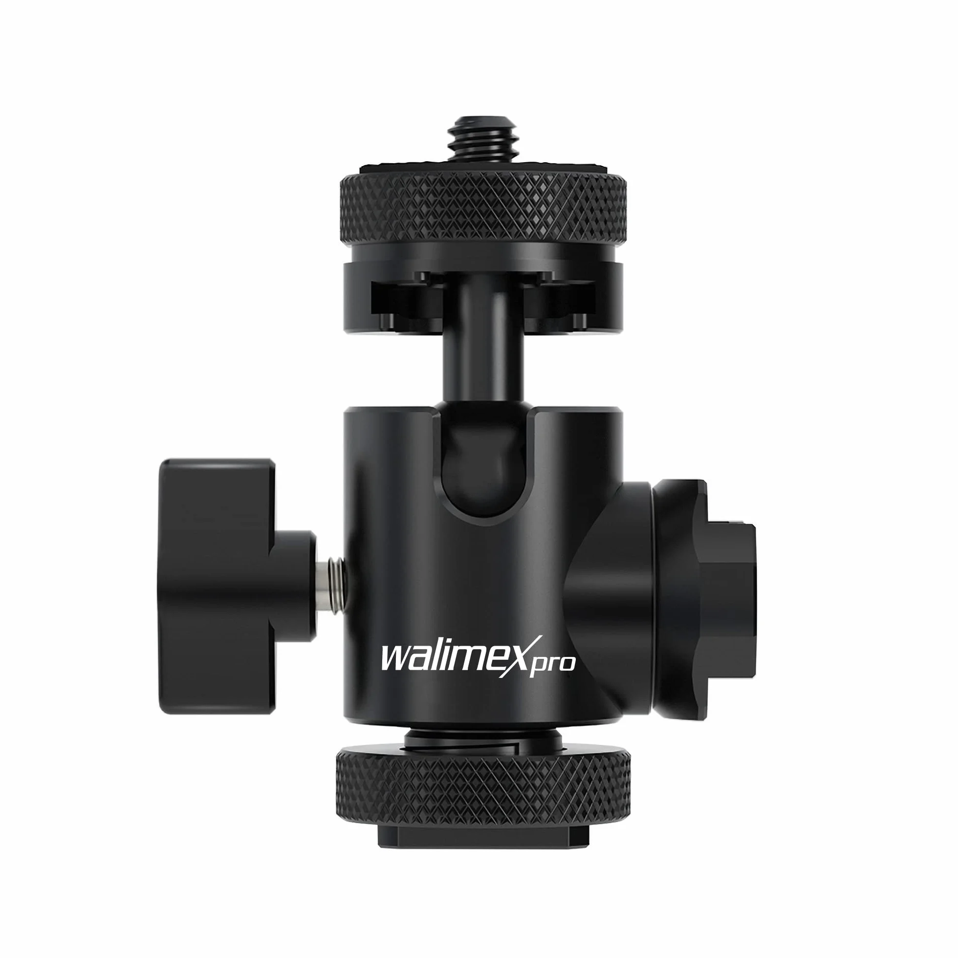 Głowica kulowa Walimex Pro Multi Mini z 2-krotną gorącą stopką i złączem 1/4 cala Możliwość obracania o 180° w obie strony do kamer, statywów, mikrofonów, diod LED Aluminiowa głowica statywowa