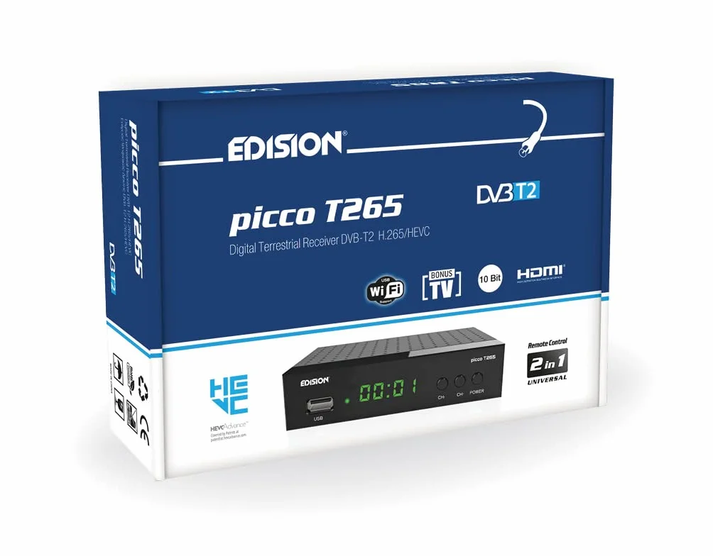 Dekoder dvb-t2 hevc EDISION PICCO T265 naziemnej Odbiornik, DVB-T2 H.265, FTA, Full HD, PVR, USB, HDMI, SCART, S/PDIF, IR, Obsługa USB WiFi, Uniwersalny pilot 2w1