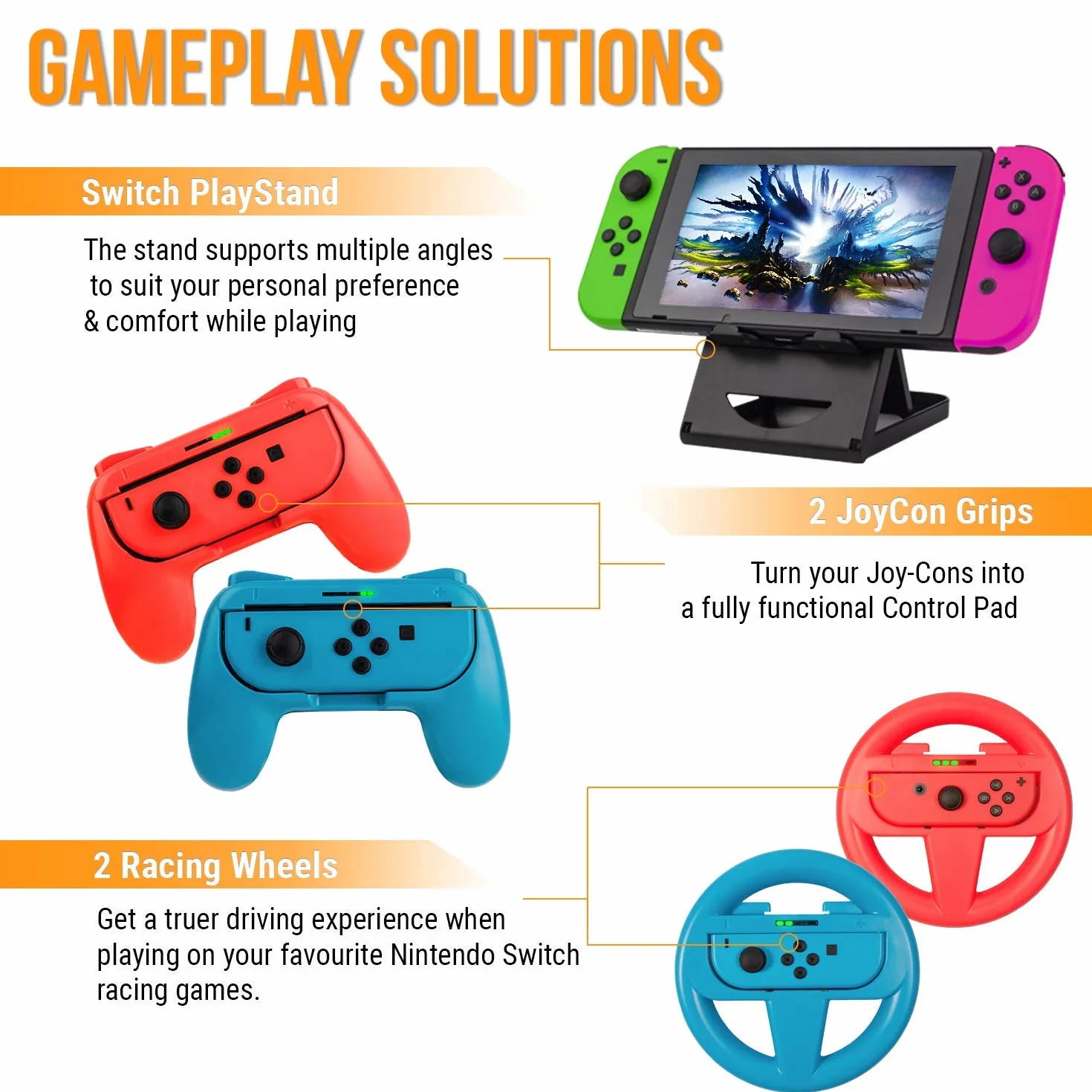 Orzly Geek Pack Zestaw akcesoriów do Nintendo Switch: Etui, osłona ekranu, uchwyty Joycon, koła wyścigowe, stacje ładowania