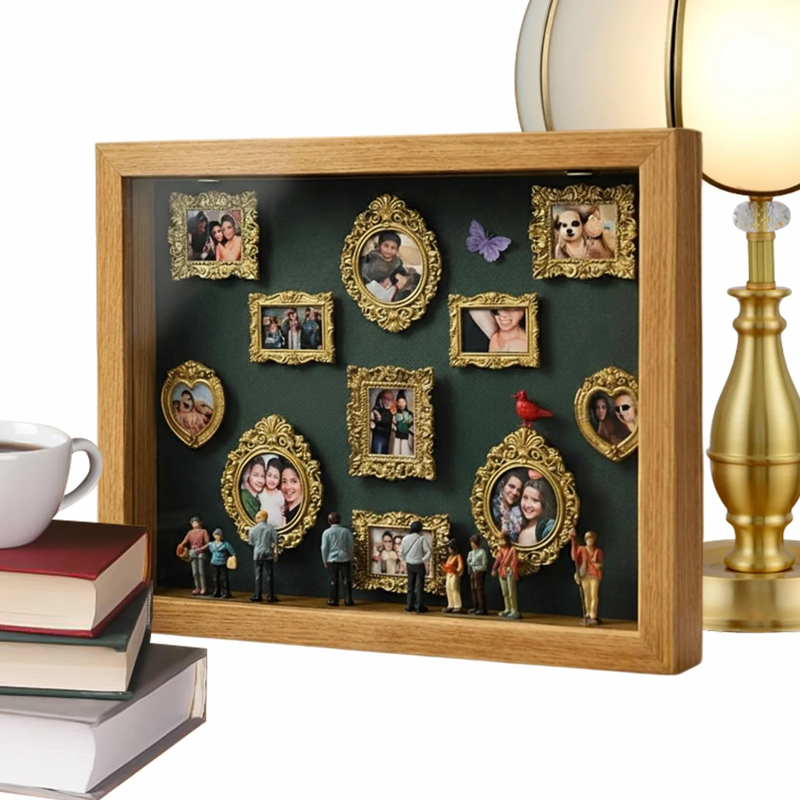 Złote mini ramki muzealne ze światłami 23x30 cm zestaw 8 figurek i 10 ramek