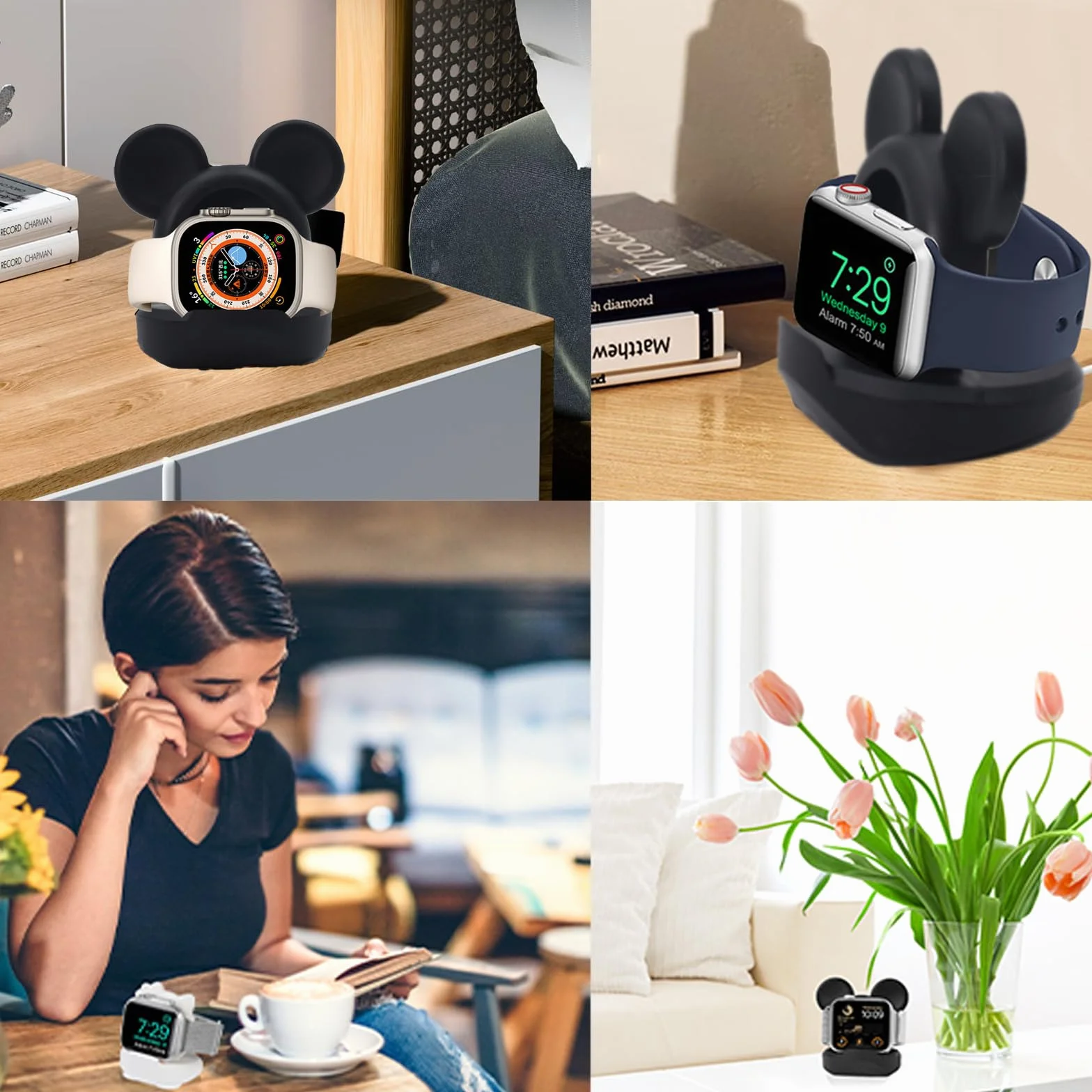 Silikonowy stojak na ładowarkę do Apple Watch, kompatybilny z Apple Watch Series Ultra2/Ultra/10/9/8/SE2/7/6/SE/5/4/3/2/1Cute iWatch Charging Dock, obsługuje stolik nocny (czarny)