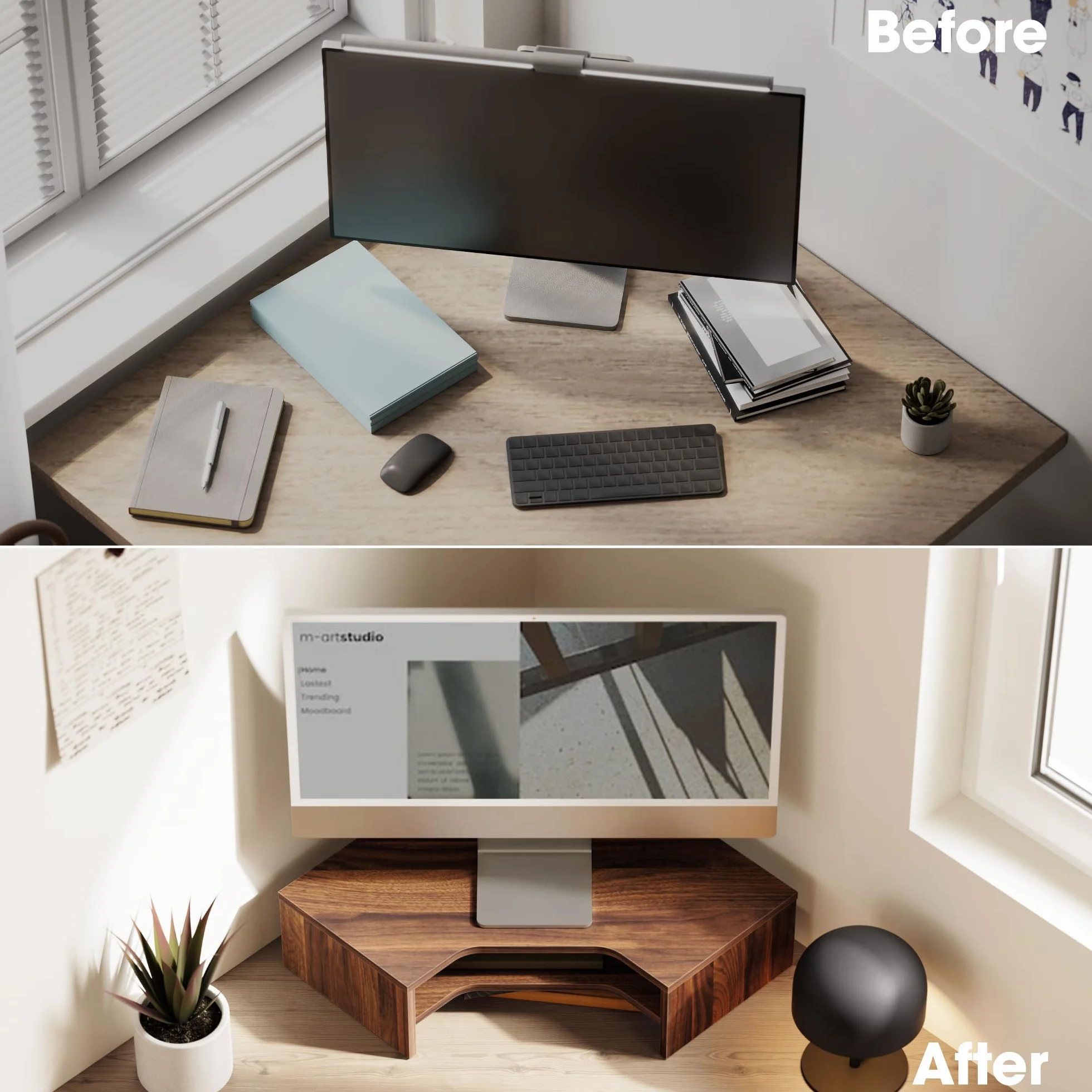 Fenge Stojak na monitor, biurko, 2-poziomowy drewniany narożnik z podpórką, wytrzymały stojak na komputer, wielofunkcyjny stojak na komputer do laptopa PC, Imac, drukarki, komputera (brązowy)
