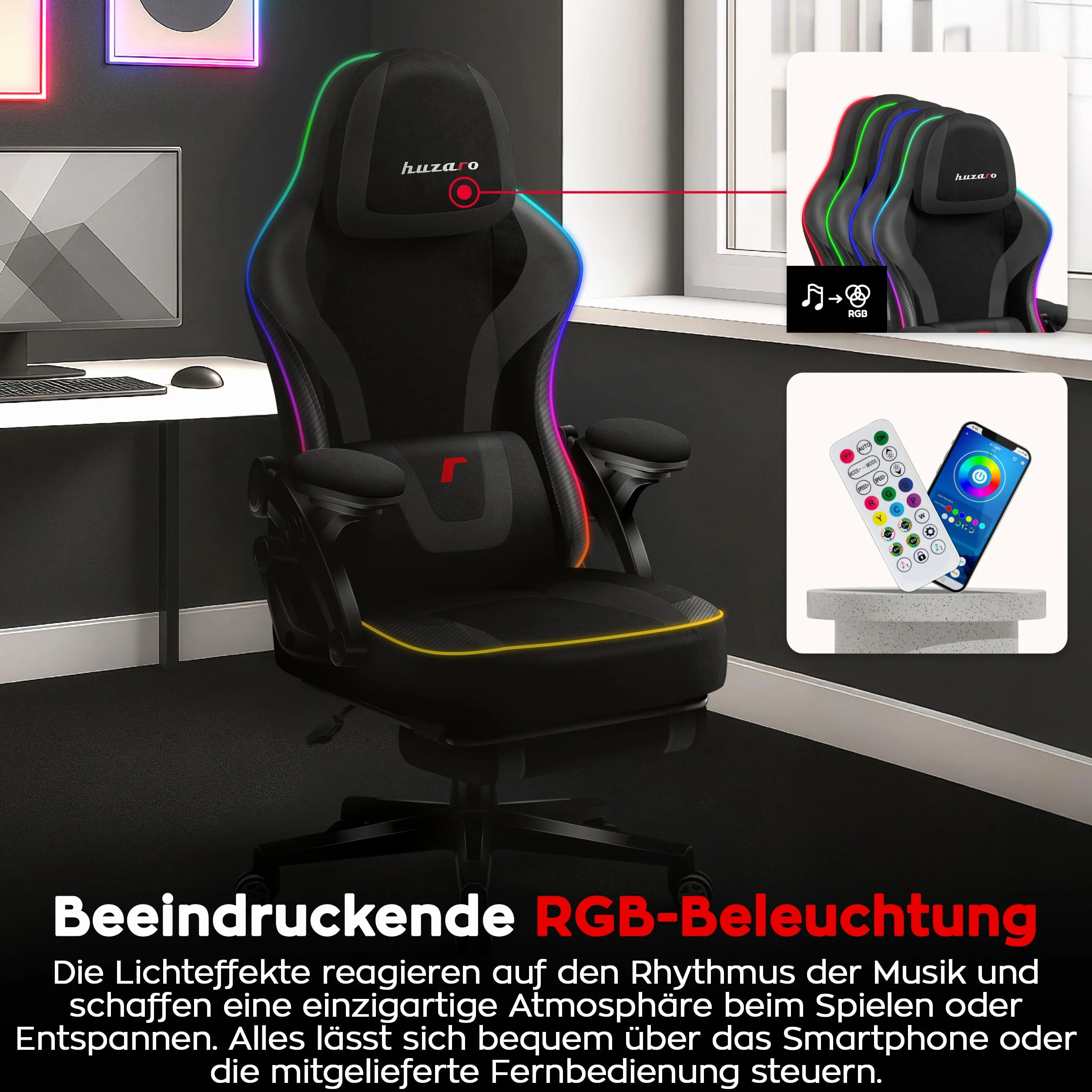 huzaro Force 4.6 RGB Black Mesh krzesło gamingowe LED, ergonomiczne, synchronizacja muzyki, podnóżek, funkcja przechylania, regulowany zagłówek, obciążenie 130 kg, materiał, kolor czarny