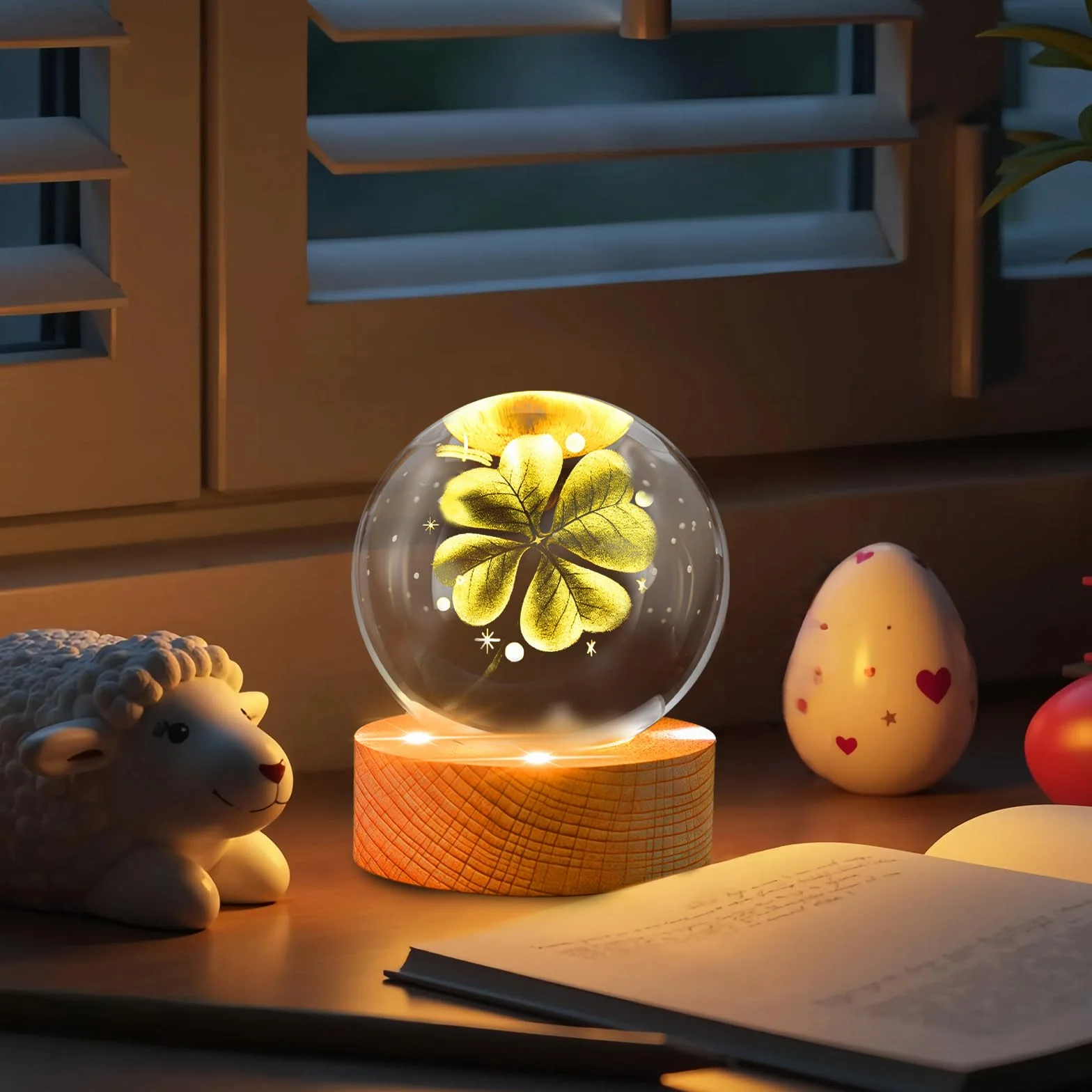 GAESHOW Kryształowa kula z czterolistnej koniczyny, lampa 3D szklana z drewnianą podstawą