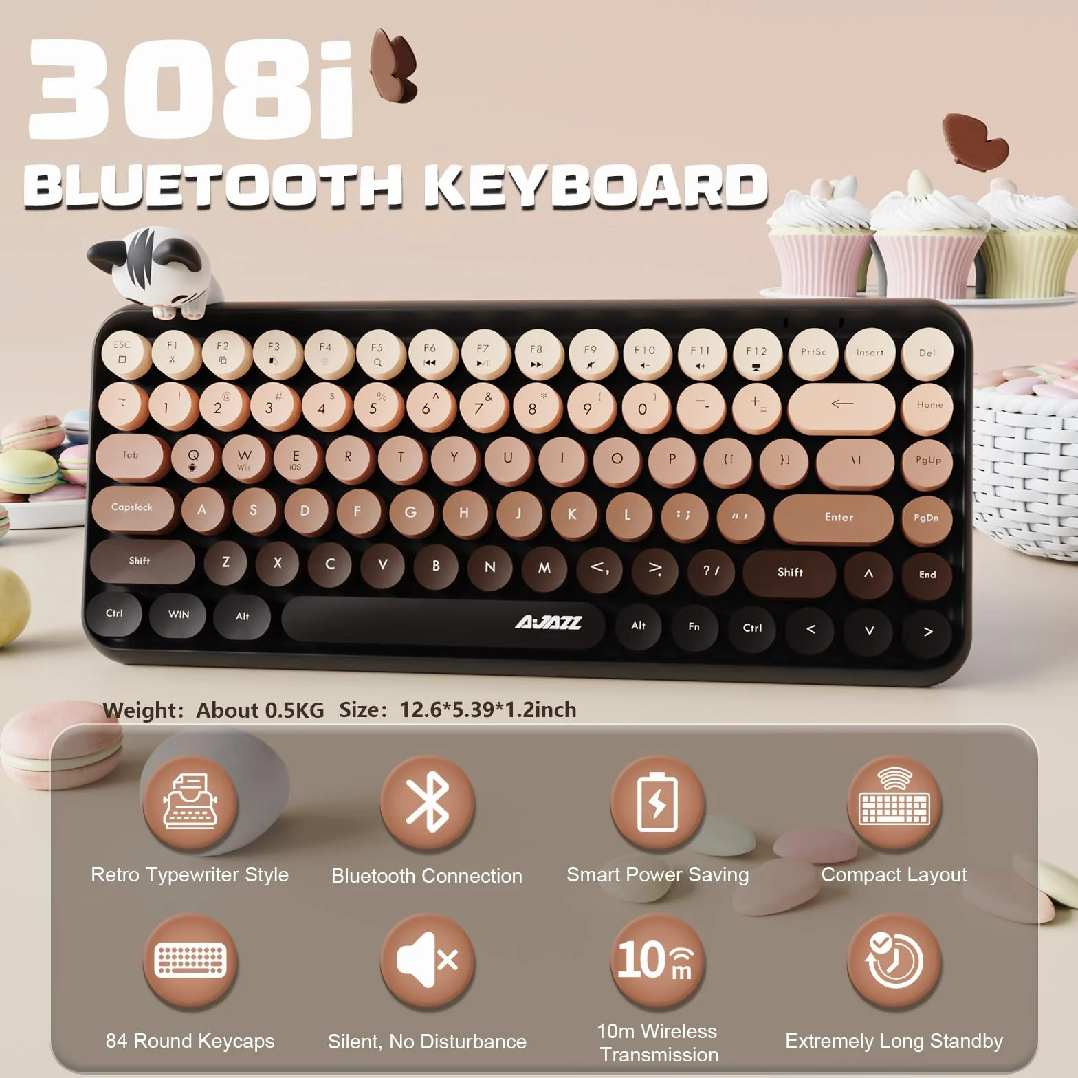 Hoopond X AJAZZ 308i Bezprzewodowa klawiatura Bluetooth,Uroczy Mini 84-klawiszowy kompaktowy układ z magnetyczną lalką kota,Nakładki na klawisze ABS Retro okrągłe do komputerów PC,Laptopy-Brązowy