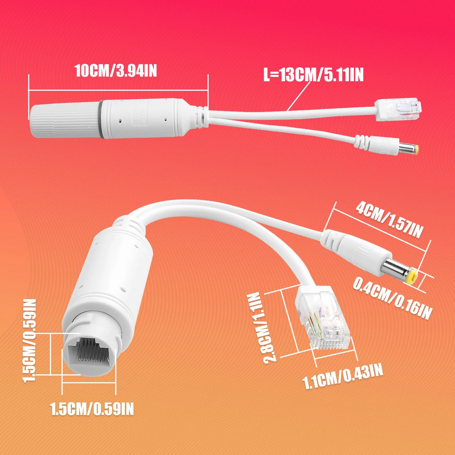 Rozdzielacz PoE Power over Ethernet 48 V do 12 V IP55 wodoszczelny, 5,5 x 2,1 mm złącze DC, IEEE 802.3af/at, odpowiedni do kamer IP, biały (2 sztuki)