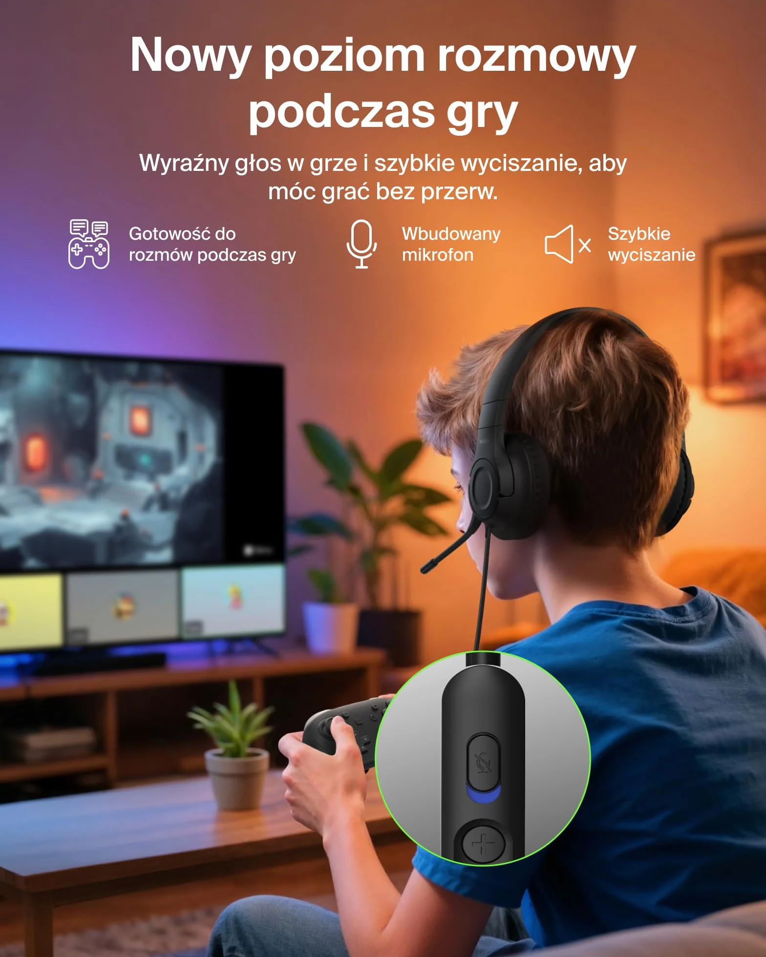 Belkin Gaming Inspire przewodowe słuchawki nauszne dla dzieci, przejściówka USB-C, mikrofon na wysięgniku, ograniczenie głośności 85 dB, zgodność z Nintendo Switch 2, idealne do podróży – czarne
