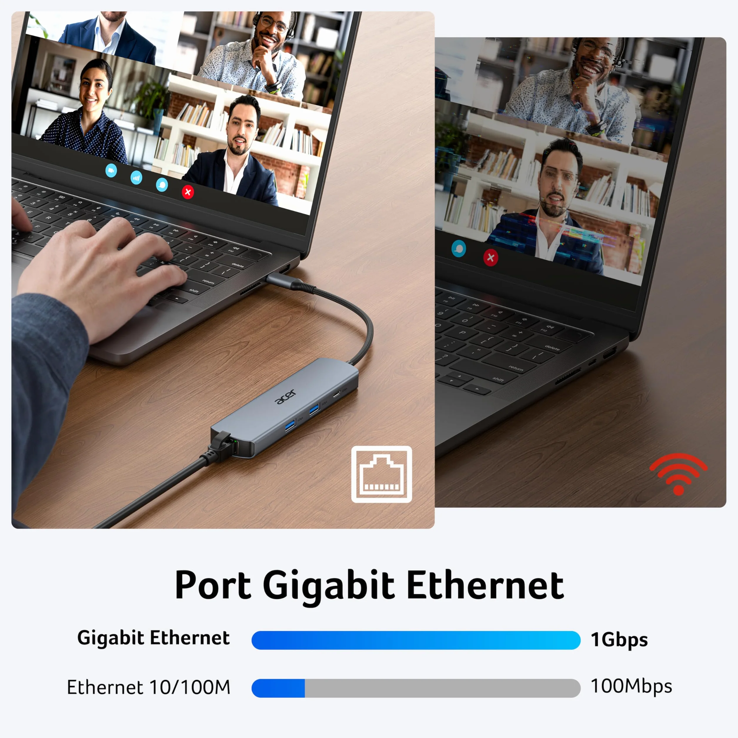 Acer Koncentrator USB C z Ethernetem 1000 Mbps, HDMI 4K@60Hz, 1×USB-C 5Gbps, 2×USB-A 3.0, Type-C 100W PD, Stacja Dokująca do iPhone 17/16, MacBook iPad Pro/Air, Mac mini M4, Surface, Galaxy S25 itp.