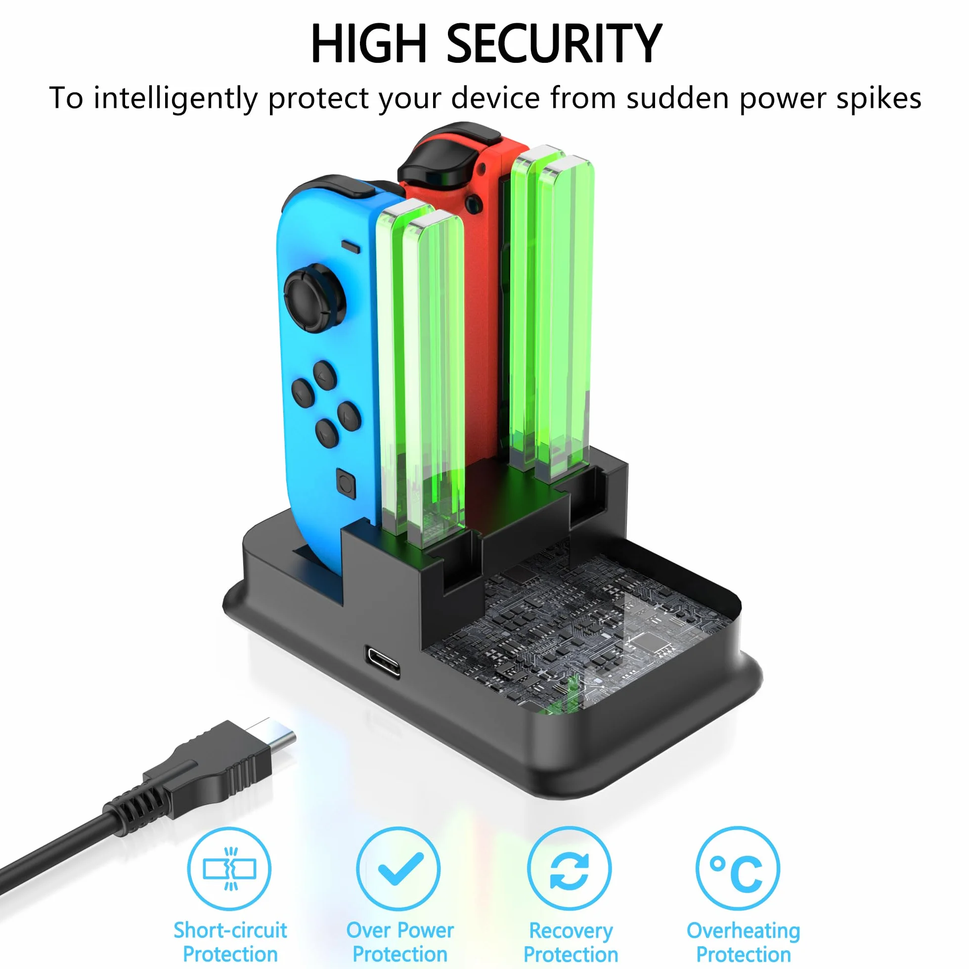 RREAKA Charging Dock for Nintendo Switch Joy Con Charger with LED Light Bar, Switch OLED Joycon Charging Stand - Black