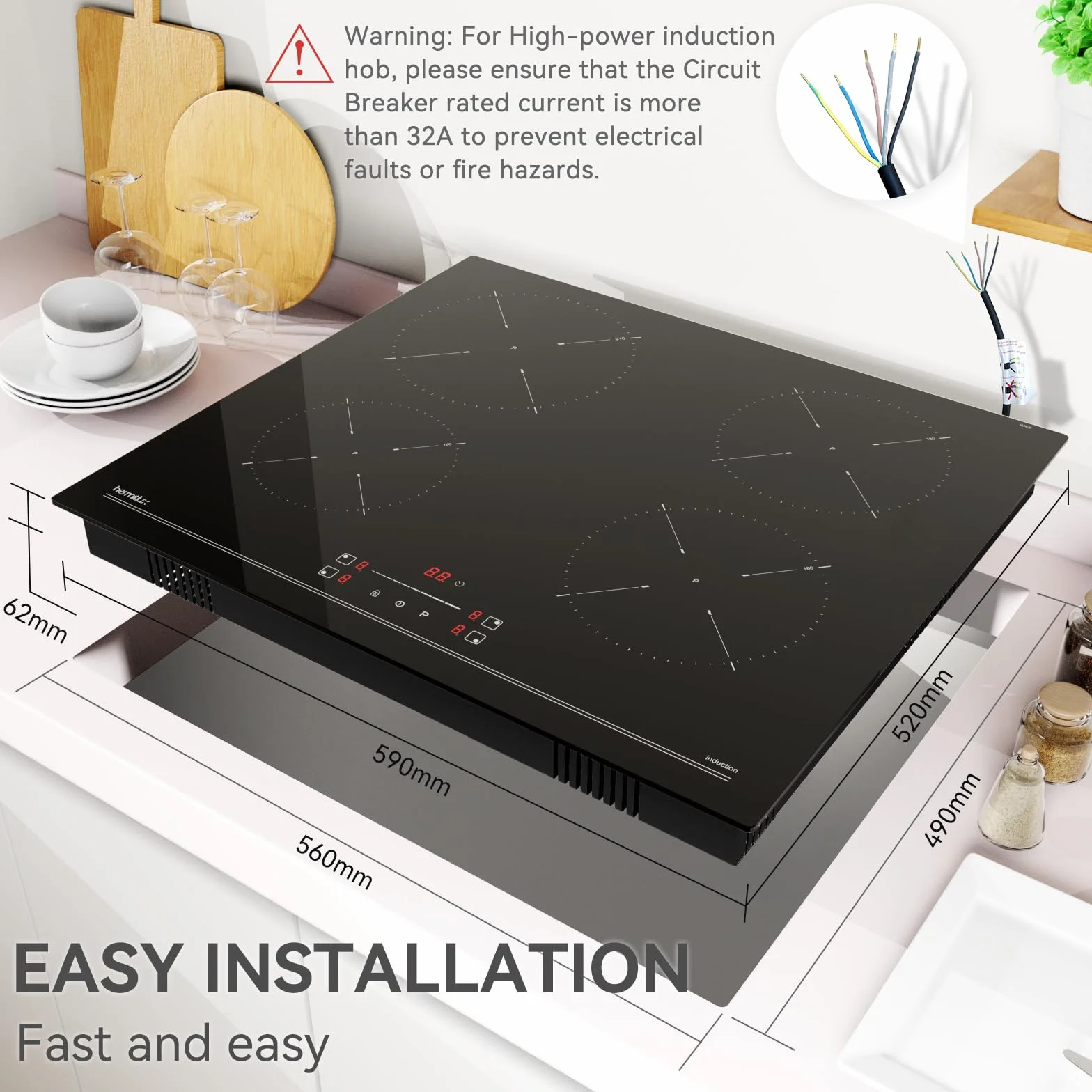 Hermitlux Płyta indukcyjna 60 cm, 7400W, wbudowana płyta kuchenna z 4 strefami gotowania, 9 poziomów mocy, odpowiednia do garnków z żelaza i stali nierdzewnej, brak wtyczki w zestawie
