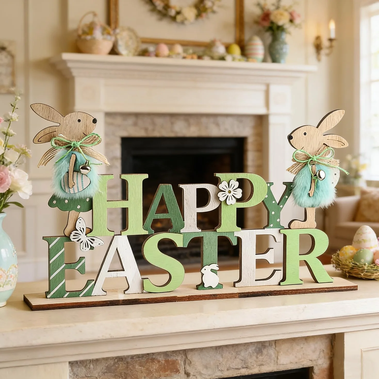 Dekoracja wielkanocna z drewna napis B-Happy Easter 2 zając