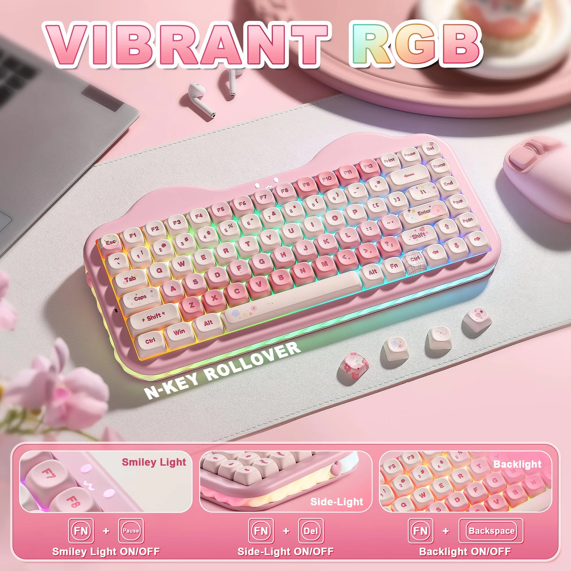 YUNZII C75 Bezprzewodowa Mechaniczna Klawiatura, 75% Układ Hot Swappable Kremowa Klawiatura NKRO,Uroczy Projekt Ciasta BT5.0/2.4G/USB-C dla Win/Mac/Gaming (Różowy, Milk V2 Linear Switch)