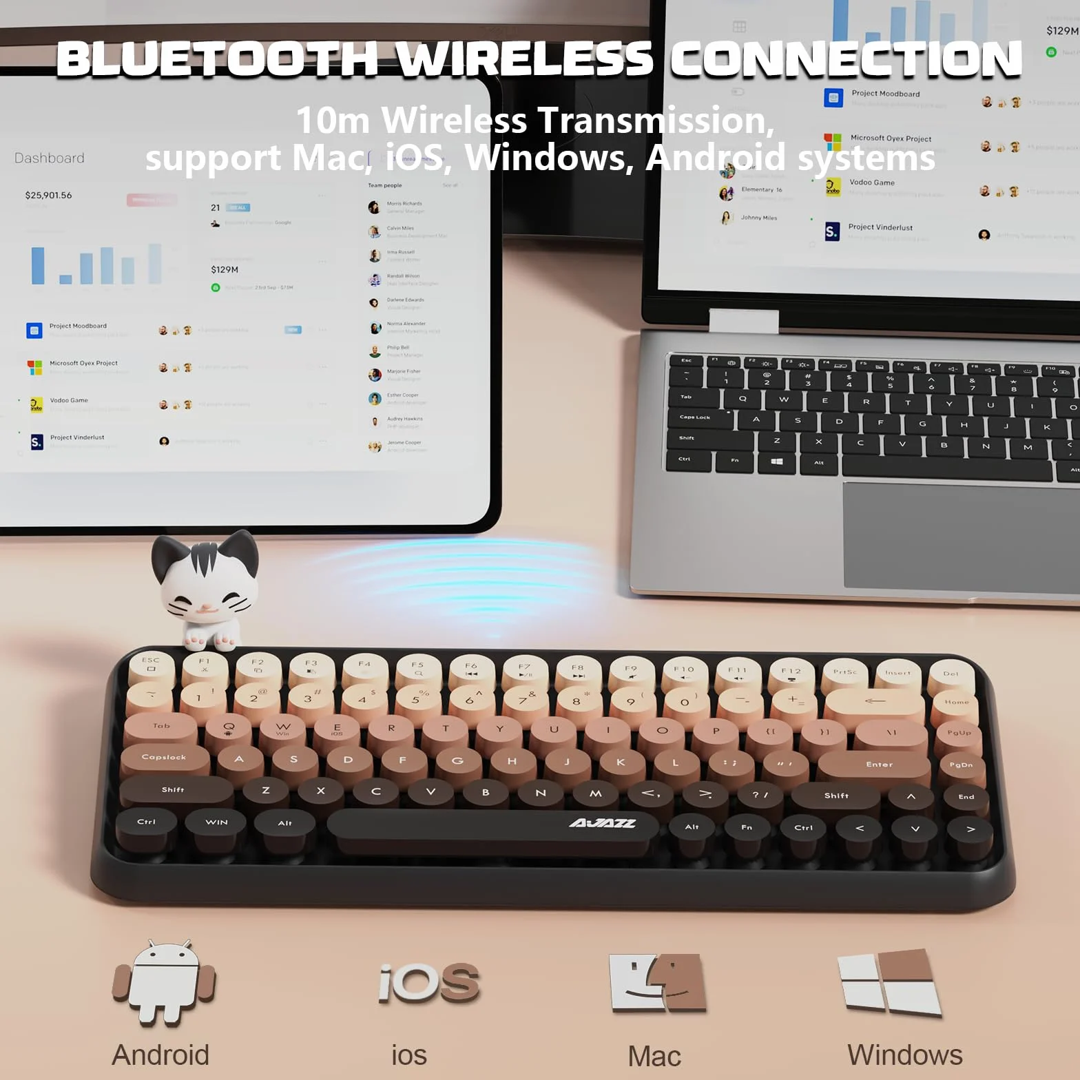 Hoopond X AJAZZ 308i Bezprzewodowa klawiatura Bluetooth,Uroczy Mini 84-klawiszowy kompaktowy układ z magnetyczną lalką kota,Nakładki na klawisze ABS Retro okrągłe do komputerów PC,Laptopy-Brązowy