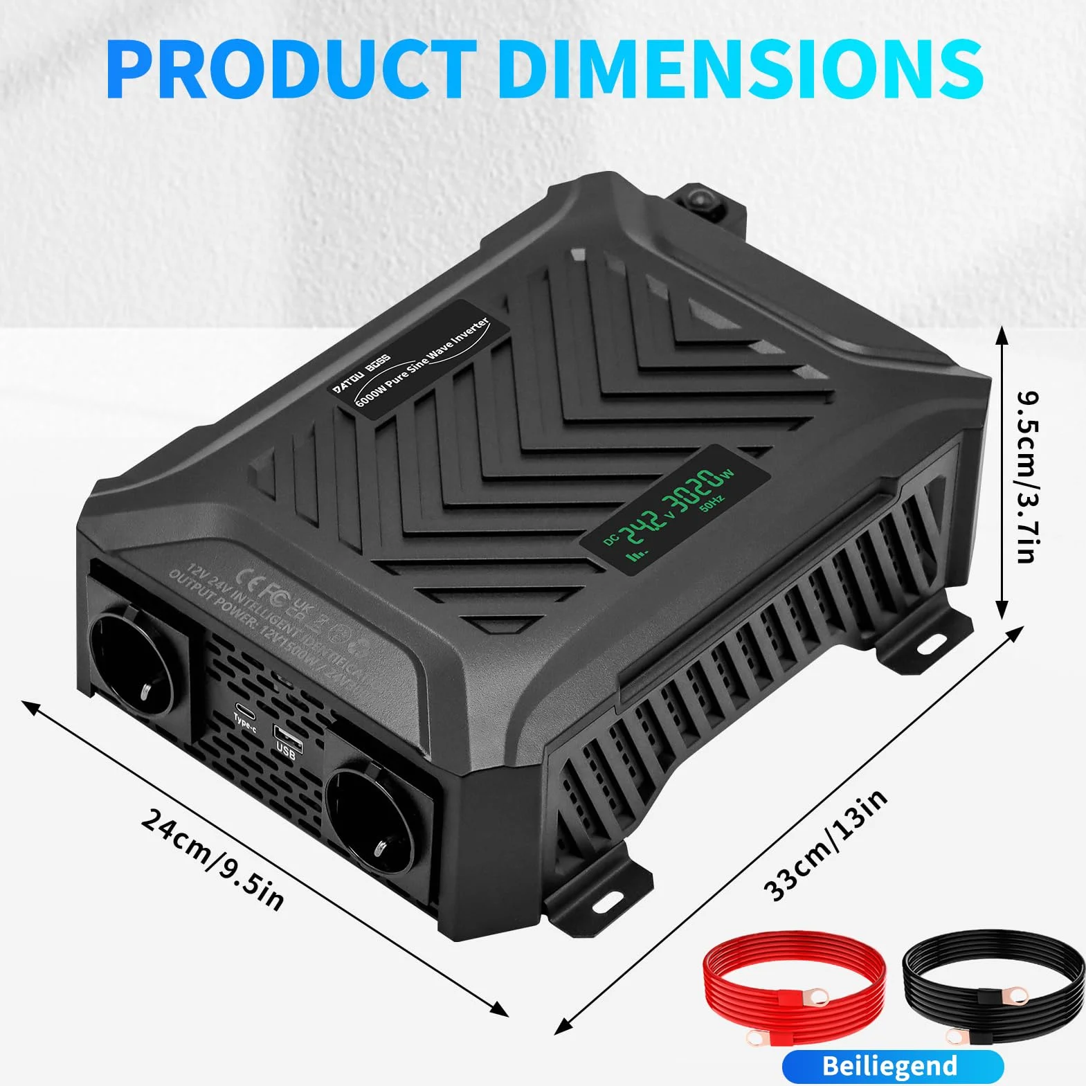 DATOUBOSS Przetwornica napięcia 12 V/24 V na 230 V 1500 W/3000 W, falownik czysty sinus 3000 W/6000 W, moc szczytowa, z inteligentnym systemem rozpoznawania, wyświetlaczem LCD, 2 gniazda EU