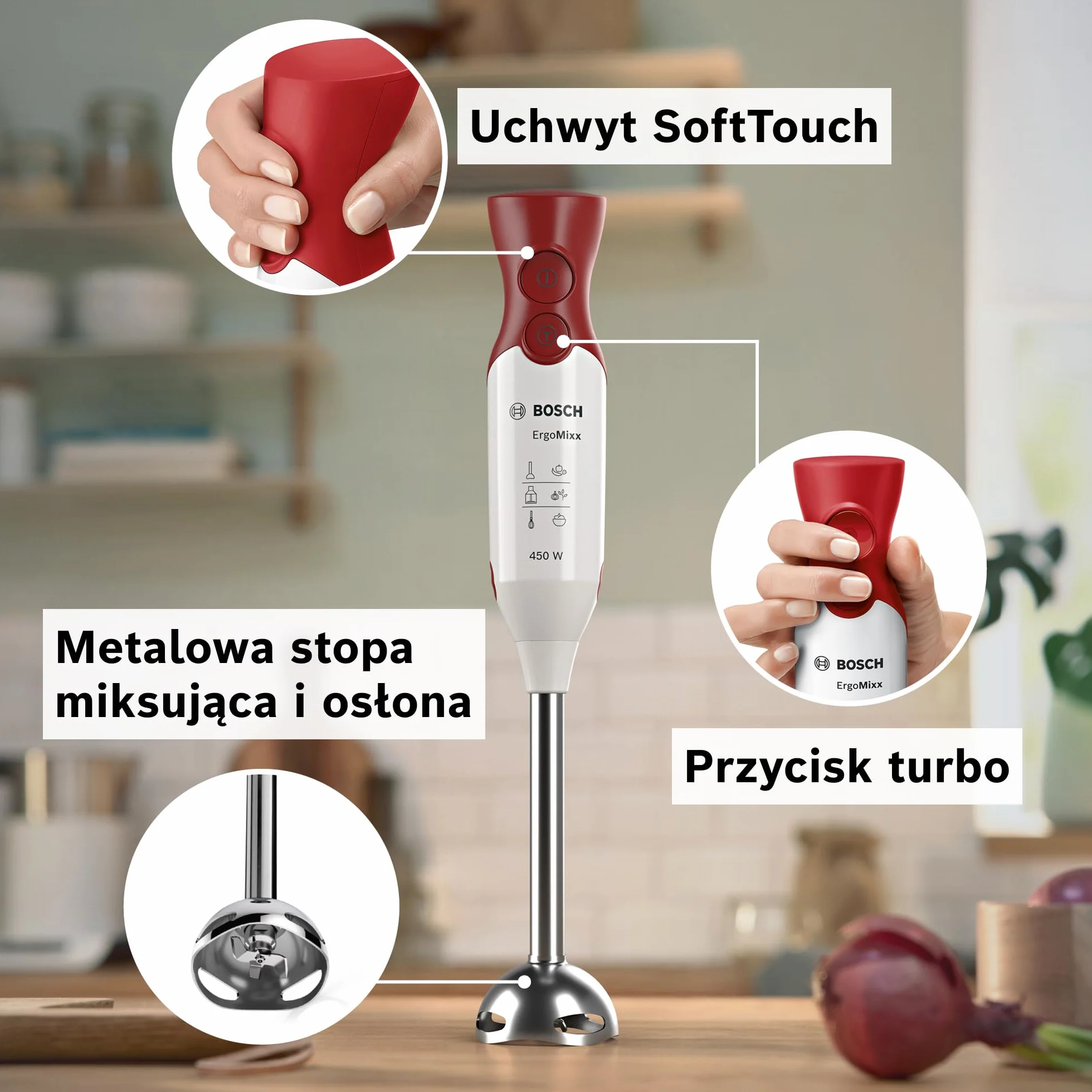 Bosch, blender ręczny, ErgoMixx, silnik 450 W, 2 ustawienia prędkości, rozdrabniacz, trzepaczka i pojemnik, biało-czerwony, MSM64110