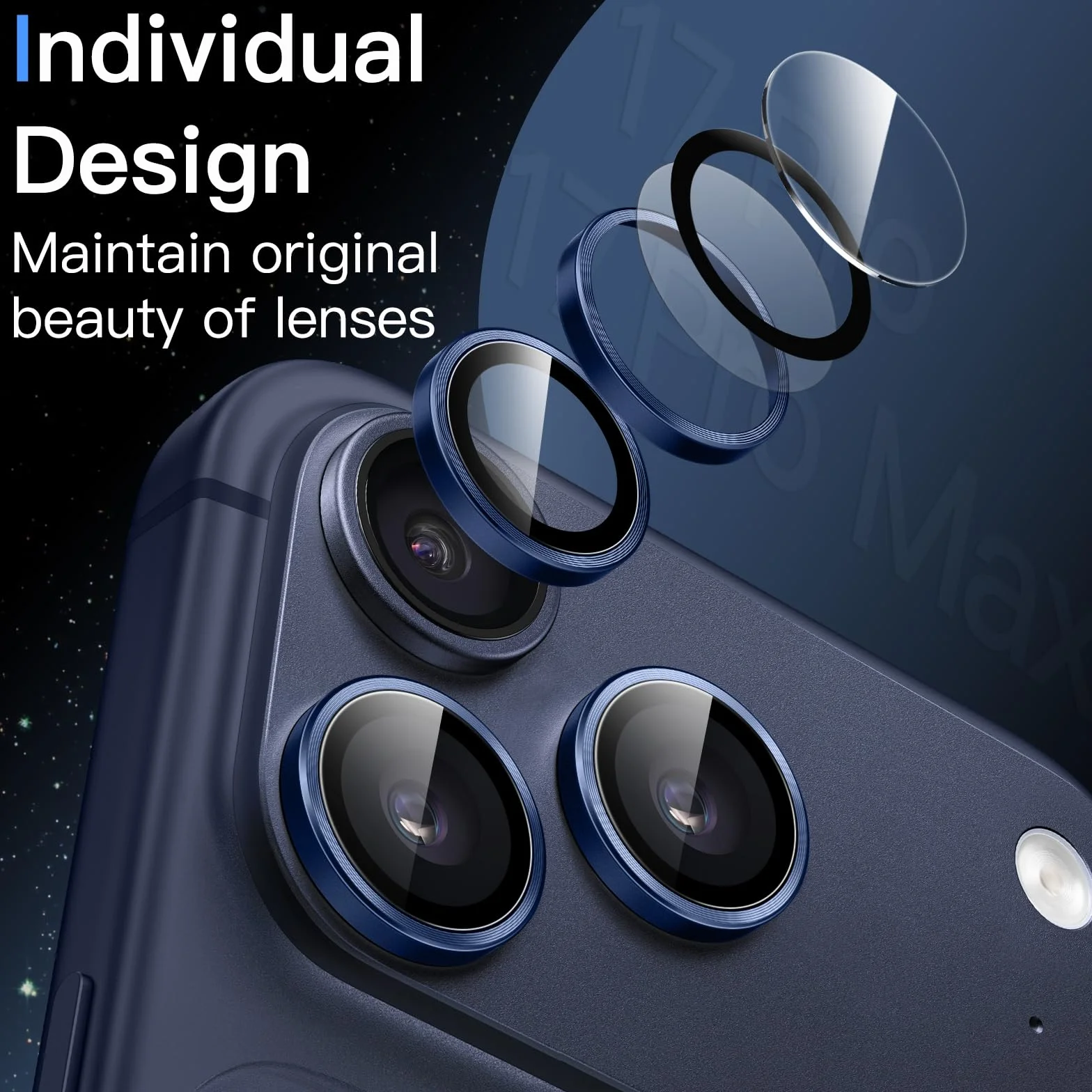JETech Osłona Obiektywu Aparatu dla iPhone 17 Pro 6,3 Cala i iPhone 17 Pro Max 6,9 Cala, 9H Szkło Hartowane Metalowa Indywidualnego Pierścienia Osłona, HD Przejaśniać, 1 Komplet (Głębinowy błękit)