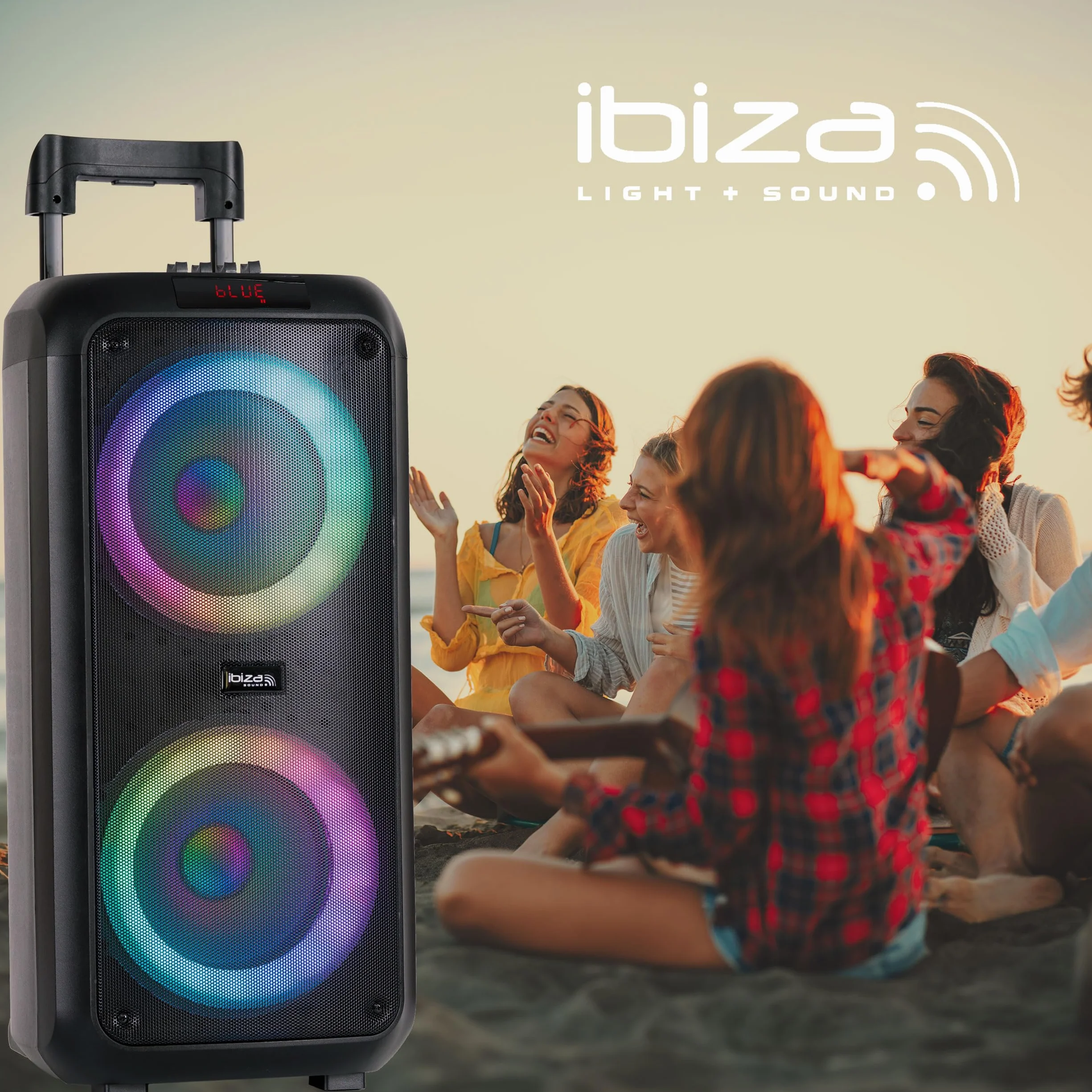 Ibiza - VENUS600 - Przenośny głośnik 2x8"/20 cm, 600 W, zasilany bateryjnie, z efektem świetlnym na przednim panelu i przewodowym mikrofonem - Bluetooth, USB, microSD, AUX i MIC - Czarny